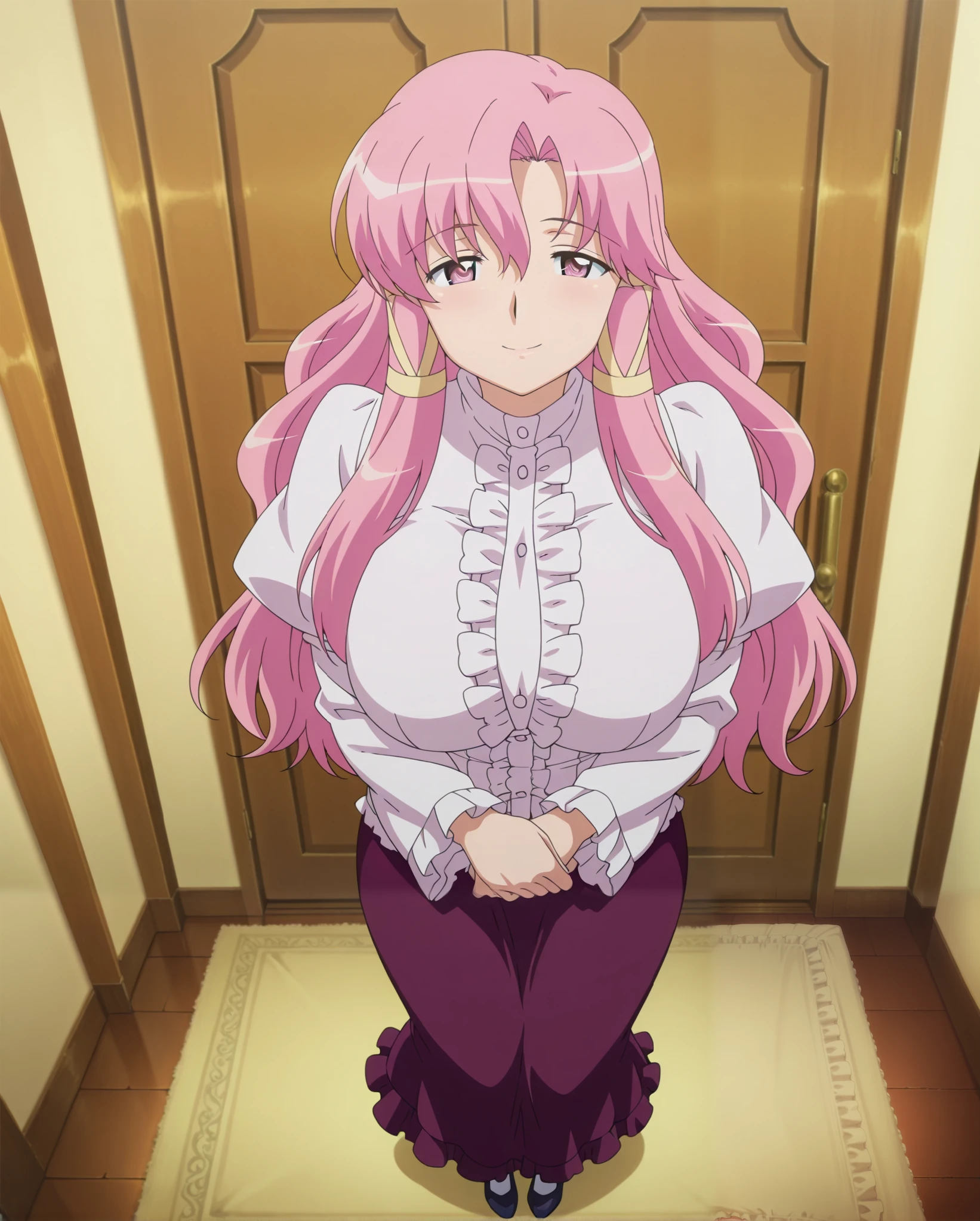 Mei Hatsume, a girl with yellow eyes with cross-shaped pupils and asymmetrically combed pink hair, with two longer strands on the right side of her face, stood in front of a full-figured woman. long mirror admiring your reflection.