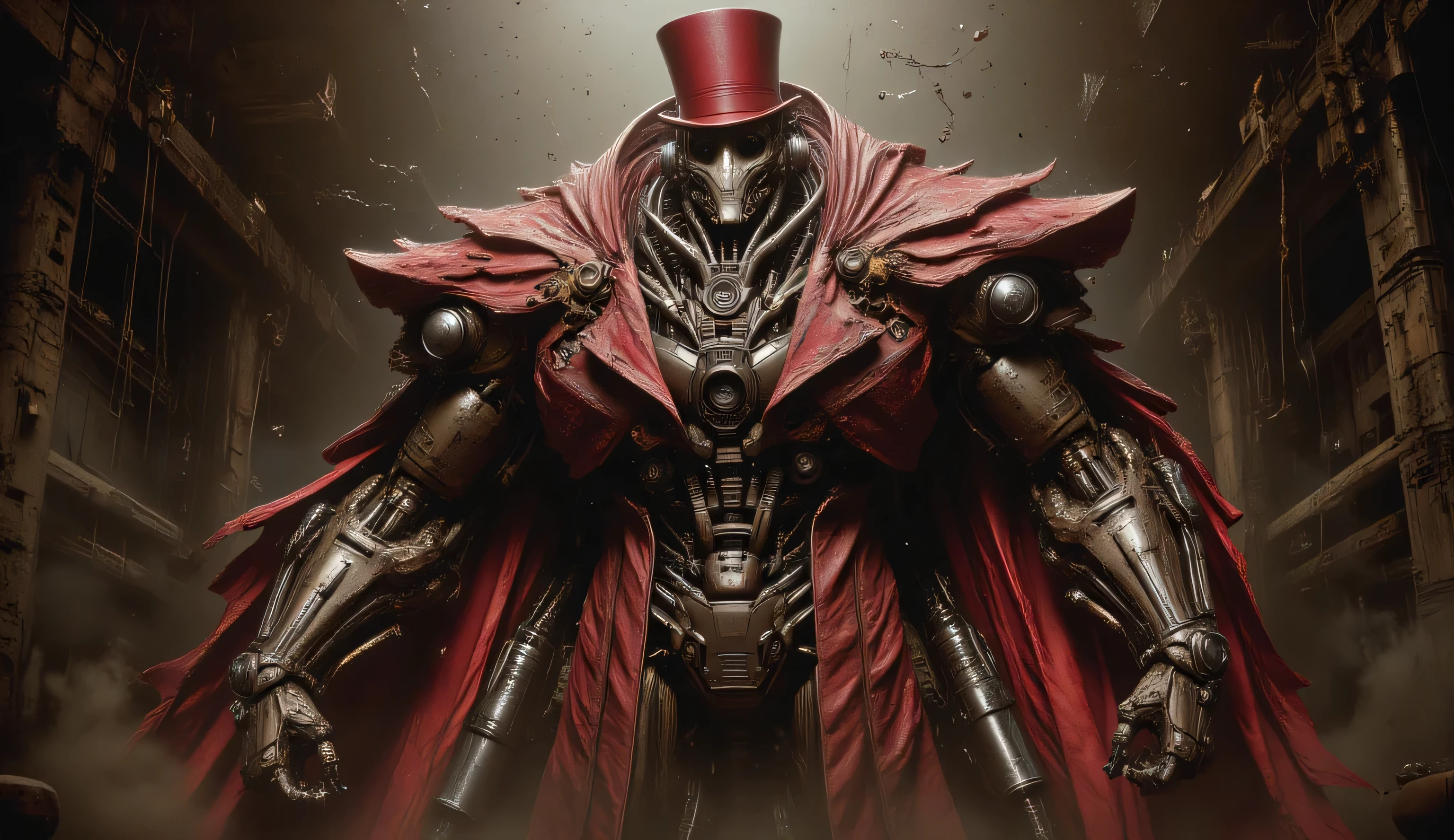 Realism, perfect composition. A chocolate-colored human robot with iron elements. The red long cape flutters in the wind. On his face is a white theatrical cracked mask of a human face. He wears a red gentleman's top hat.Massive torso, broad shoulders. A huge humanoid combat robot with massive arms and legs. HE clenches his hands into fists. There are searchlights coming out of the body. Hoses grow out of the body. . The horror. He's in a dark hangar. brown lighting. Dust is flying in the air. darkness.