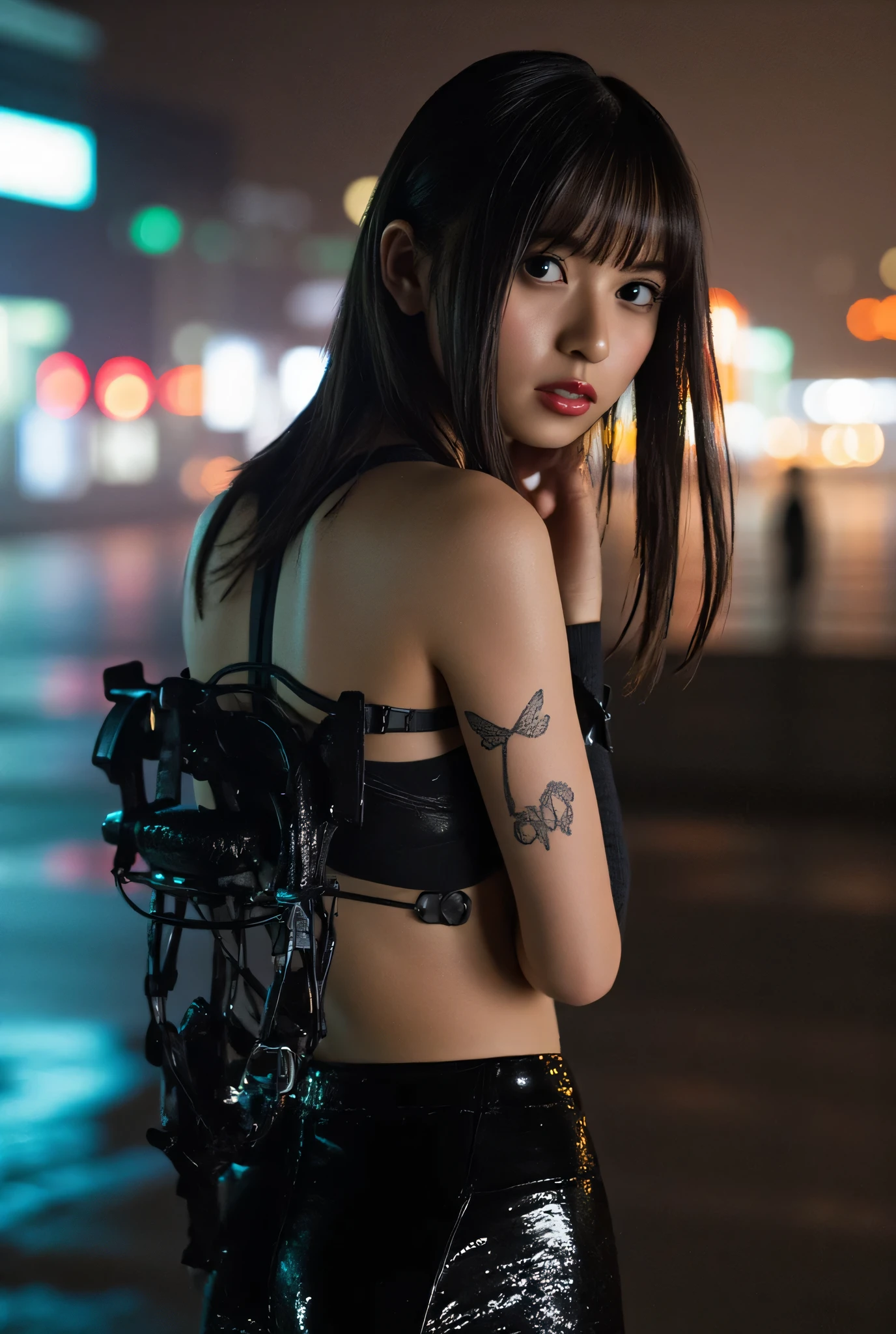 (((The dark Nostromo highway:2.0))),((( HR Gigger Style Cyberpunk Atmosphere :2.0))),((Ride a tron style bike:2.0)),(((Ride on a big cyberpunk motorcycle:2.0))),Side view from the back ,Side pose,(( Look Back and Look at the Camera:2.0)),(( looking back over my shoulder :2.0)),Rear View,((full body:2.0)), one woman,( cute face),(Beautiful well-balanced face ),(( natural big breasted :2.0)),( black hair:1.5),(beautiful eyes:1.3), glamorous shot of a 20 year old Japanese woman , Slender Beautiful Body ,((Model body type:2.0)),(( slim body with hot water:1.7)), perfect body line ,ideal proportions,(big breasts:2.0),Bare thighs, sensual thighs, delicate body,( Muscular:1.5),A harmonious posture,((Beautiful ass:2.0)),((cute ass:2.0)), ((((Bare ass :2.0)))),((( T-back :2.0))),(Realistic breast depiction :1.5),carefully depicts limbs based on perfect anatomy,((Wear a samurai kimono-style military coat with an open front over a black super high-leg leotard :2.0,((super high leg leotard made of fitted cammie-like latex:1.5)),((Samurai armor-style military jacket with an open front over a leotard:1.5)),(ear monitor:1.5),((Tactical Holster:1.5)),( gloves:1.3),concept art,(TOP QUALITY:1.5),(masterpiece:1.5),(超高resolution),resolution,UHD,( delicate depiction), carefully drawn with butterfly wings ,32K,((realistic skin texture:1.5)),((( Super realistic :1.5))), eyelashes,Highly detailed faces,Highly detailed female hand,Very sensual,(Blurry Dim Backgrounds :1.5), professional photography,( Movie Lighting:2.0),(( Blade Runner Style Lights :2.0))