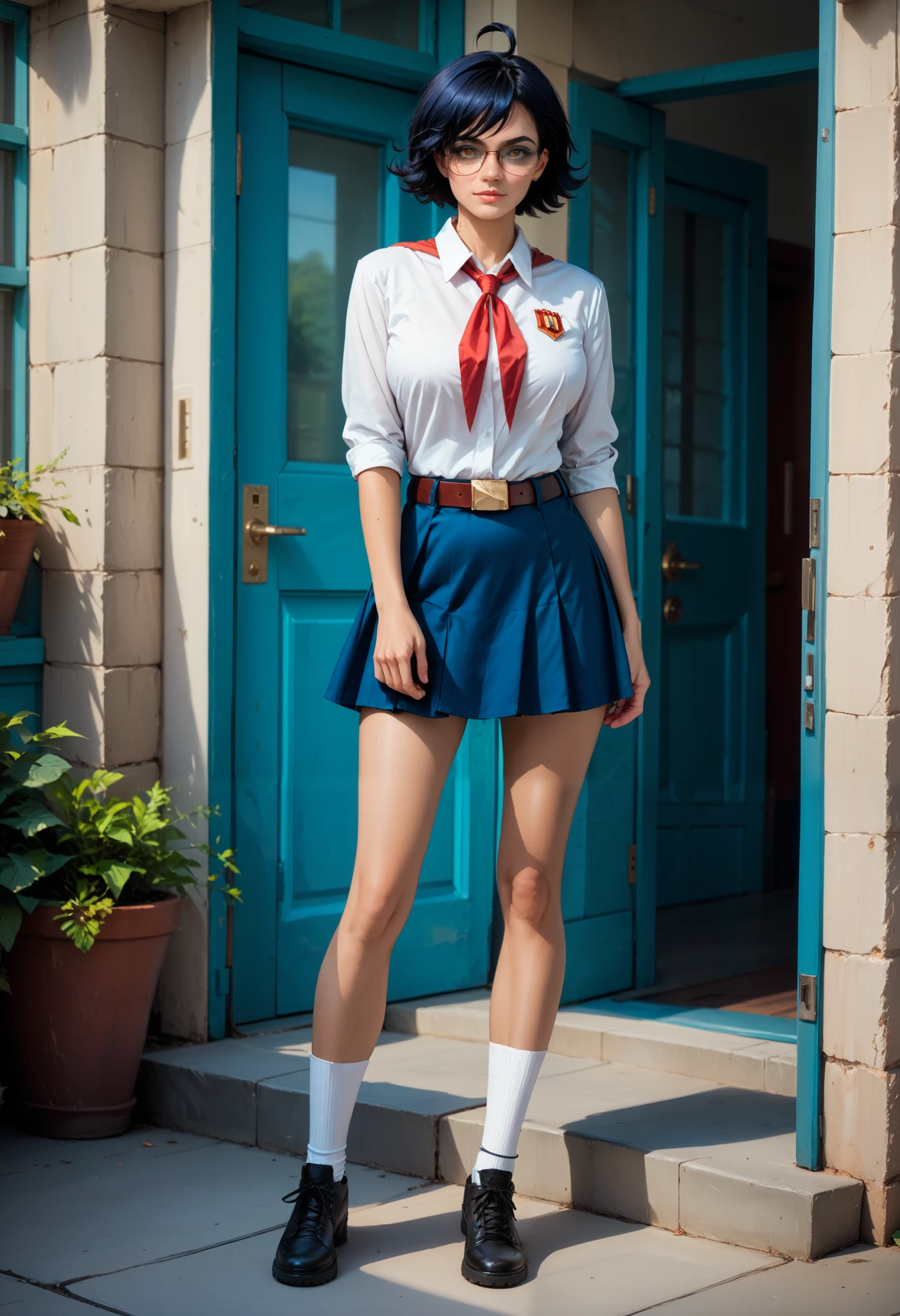 score_9, score_8_up, score_7_up, score_6_up, 8k, high detailed picture, realistic style, masterpiece, very young girl, no panty, perfect big breasts, disheveled hair, mz, ahoge, short hair, blue hair, yellow eyes, glasses, big brightness eyes, 16k, masterpiece, realistic style, perfect fingers, tomboy, circle-glasses, White collared shirt, red neckerchief, blue skirt, belt, white socks, black shoes, YR_GradLight, solommay, zal