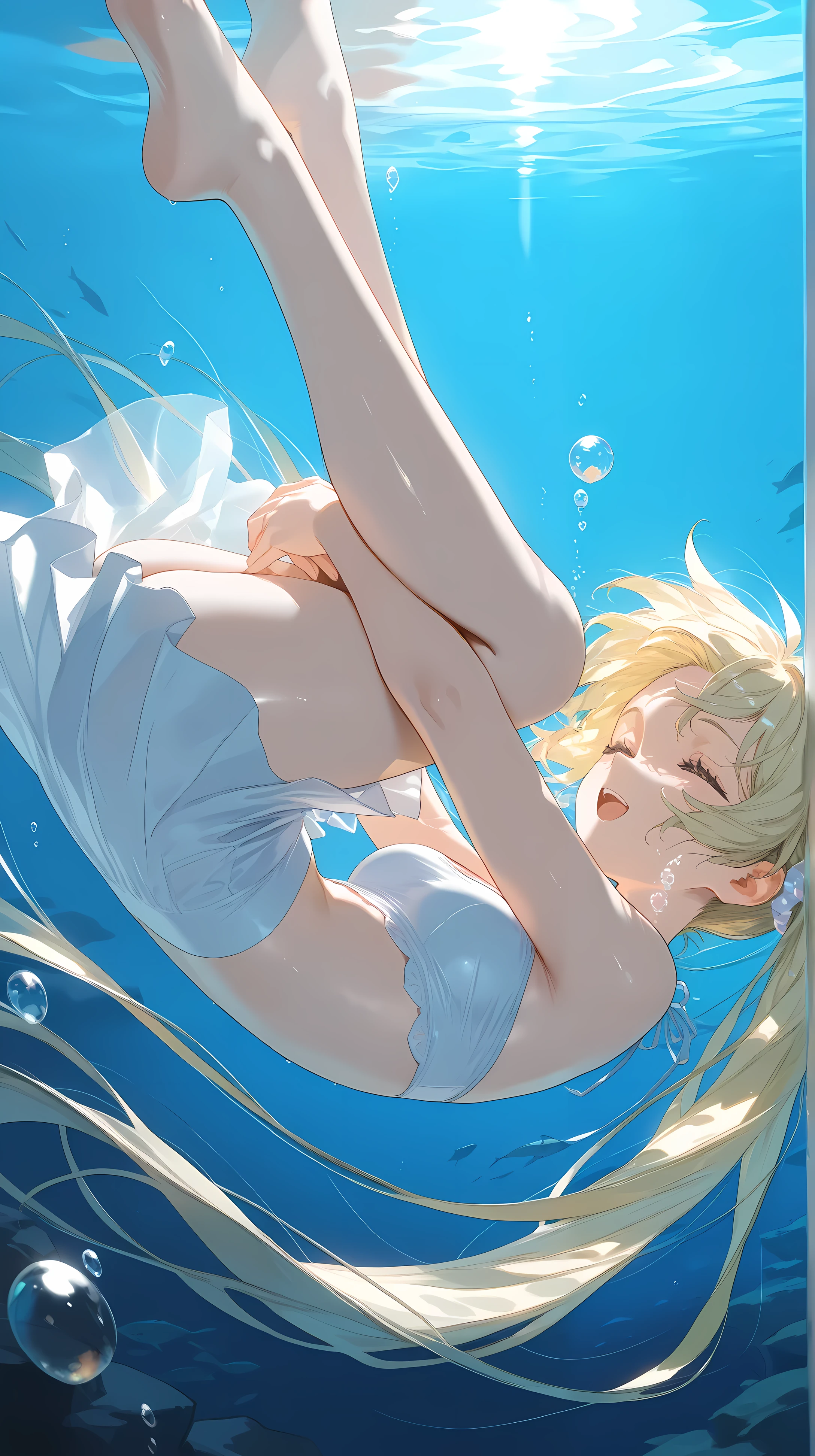 woman\fetal position:1.3\Close eyes\open mouth:0.9\Fluttering Hair:1.3, High Diving, Aerial:1.4, Upside down, masterpiece:1.3, bubbles:1.4, beautiful bubbles:1.4, beautiful bubbles:1.4, Beautiful expression of water, Beautiful underwater light, best quality, hyper-detailed