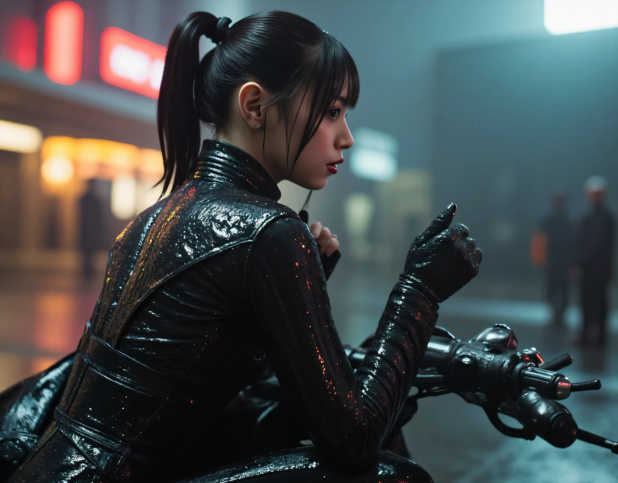 (((The dark Nostromo highway:2.0))),((( HR Gigger Style Cyberpunk Atmosphere :2.0))),((Ride a tron style bike:2.0)),(((Ride on a big cyberpunk motorcycle:2.0))),Side view from the back ,Side pose,(( Look Back and Look at the Camera:2.0)),(( looking back over my shoulder :2.0)),Rear View,((full body:2.0)), one woman,( cute face),(Beautiful well-balanced face ),(( natural big breasted :2.0)),( black hair:1.5),(beautiful eyes:1.3), glamorous shot of a 20 year old Japanese woman , Slender Beautiful Body ,((Model body type:2.0)),(( slim body with hot water:1.7)), perfect body line ,ideal proportions,(big breasts:2.0),Bare thighs, sensual thighs, delicate body,( Muscular:1.5),A harmonious posture,((Beautiful ass:2.0)),((cute ass:2.0)), ((((Bare ass :2.0)))),((( T-back :2.0))),(Realistic breast depiction :1.5),carefully depicts limbs based on perfect anatomy,((Wear a samurai kimono-style military coat with an open front over a black super high-leg leotard :2.0,((super high leg leotard made of fitted cammie-like latex:1.5)),((Samurai armor-style military jacket with an open front over a leotard:1.5)),(ear monitor:1.5),((Tactical Holster:1.5)),( gloves:1.3),concept art,(TOP QUALITY:1.5),(masterpiece:1.5),(超高resolution),resolution,UHD,( delicate depiction), carefully drawn with butterfly wings ,32K,((realistic skin texture:1.5)),((( Super realistic :1.5))), eyelashes,Highly detailed faces,Highly detailed female hand,Very sensual,(Blurry Dim Backgrounds :1.5), professional photography,( Movie Lighting:2.0),(( Blade Runner Style Lights :2.0))