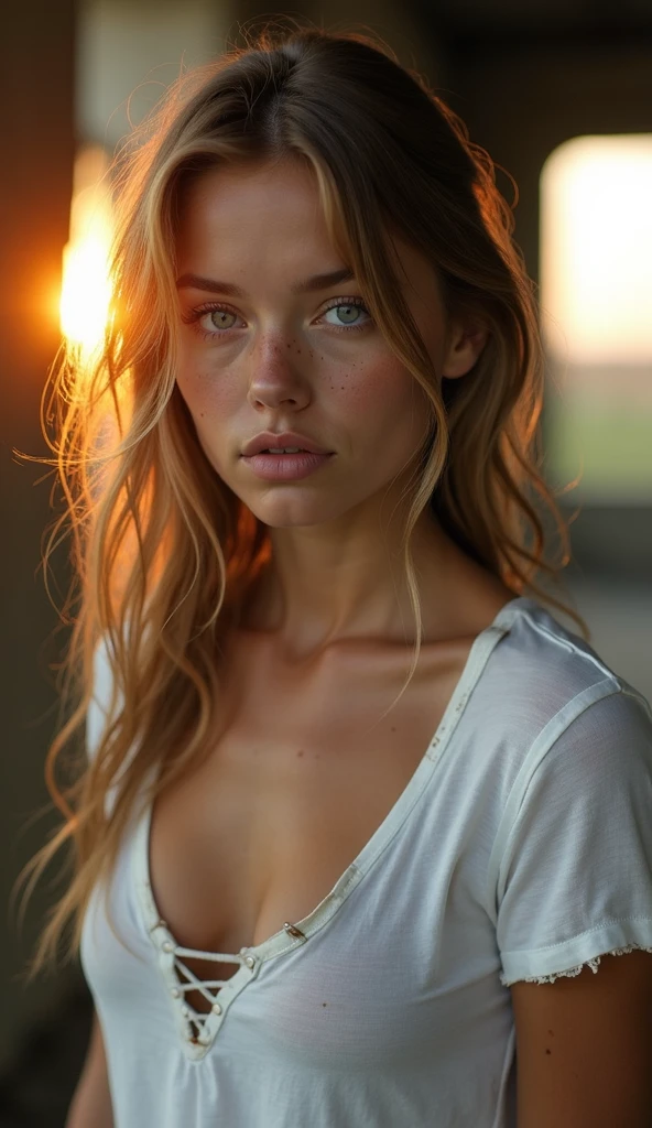 (((ultra realistic))) Photo, masterpiece, top quality, (pale skin), (Ultra detailed face and deep blue eyes:1.3), 1 girl, Adult, in a T-shirt, (Eye makeup, mascara) , ((large detailed lips)), ((ash blonde wavy hair)), ((Chyolka)) , (Natural breasts), Slim waist. ((Posing)), photoshoot, studio (soft lighting), (The play of light and shadows), depth of field, bokeh, (special attention to skin detail: 1.2), Detailed leather texture, skin pores. (Airy atmosphere of the frame. Color range - delicate, Bright, white, Pink tones), UDR, ((Film grain)), ((rays)), ((glare of the sun)), ((waist up portrait, close to the camera)) , ultra detailed, 