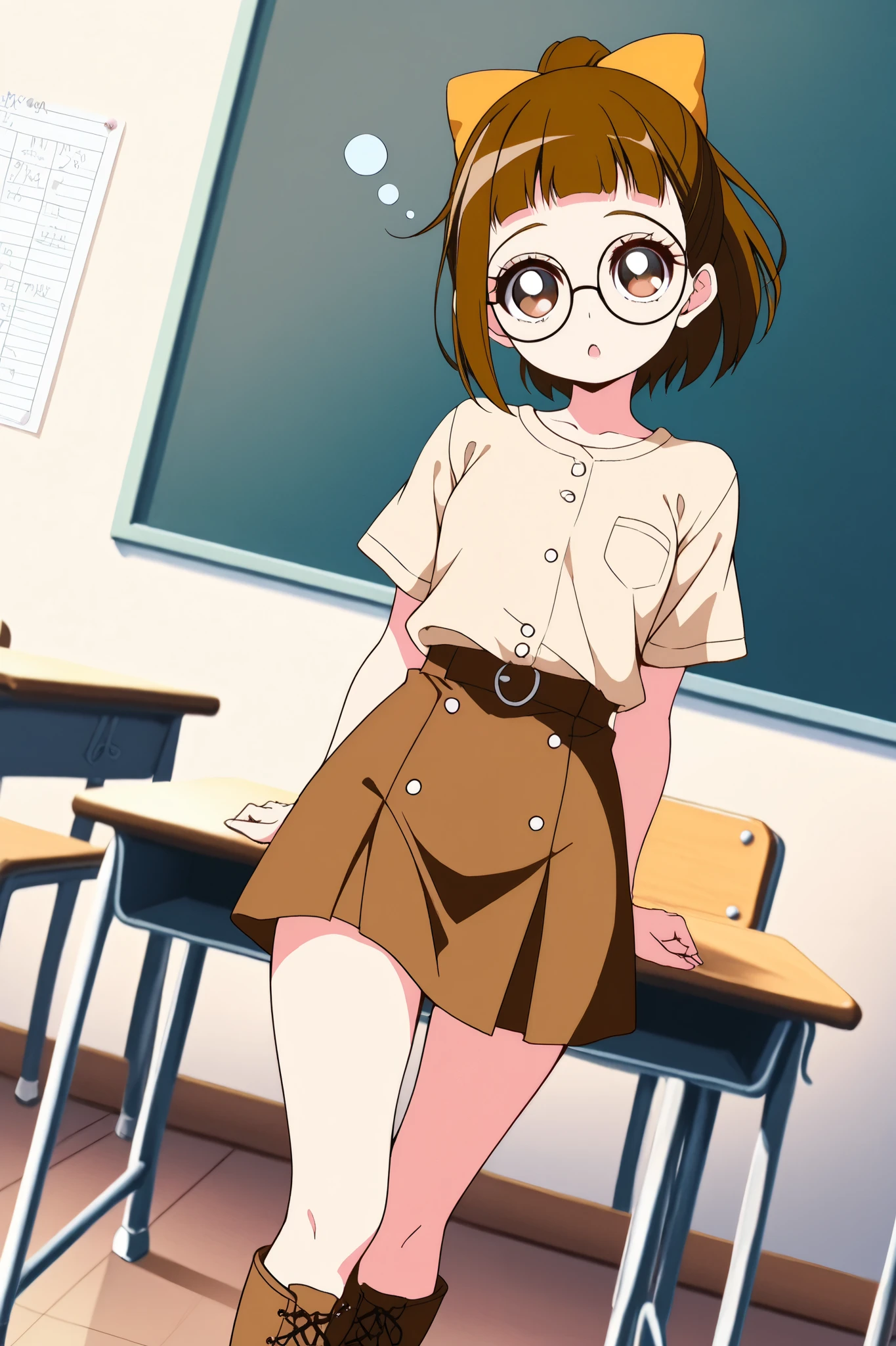 reia_kosu,1 female,solo,
brown eyes,round glasses,brown hair,hair bow,
short hair,ponytail,open mouth,
blue eyes,big eyes,slant eyes,long eyelashes,
sleepy eyes,
pretty,small breast,looking at viewer,
dutch angle,cowboy shot,
short sleeves,skirt,beige shirt,
lace up boots,thigh-high boots,high heels,
beautiful legs,thin thighs,thin calves,
nallow waist,
perfect face,beautiful skin,
anatomically correct,
masterpiece,highest quality,
high resolution,high definition,
ultra-detailed,anime,
indoors,class room,school desk,school chair,black board