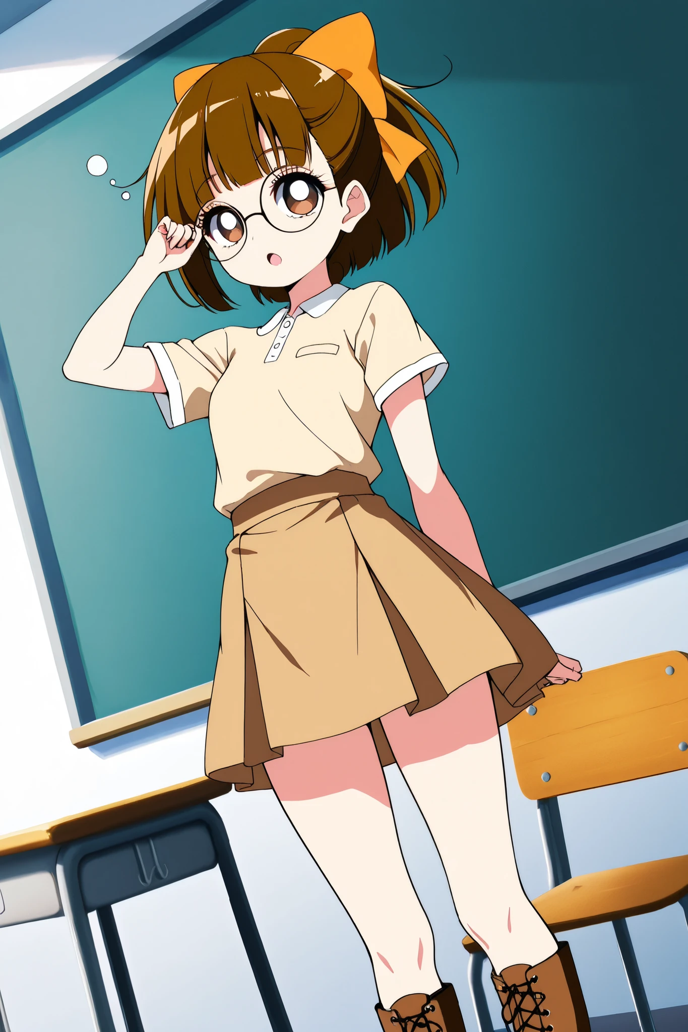 reia_kosu,1 female,solo,
brown eyes,round glasses,brown hair,hair bow,
short hair,ponytail,open mouth,
blue eyes,big eyes,slant eyes,long eyelashes,
sleepy eyes,
pretty,small breast,looking at viewer,
dutch angle,cowboy shot,
short sleeves,skirt,beige shirt,
lace up boots,thigh-high boots,high heels,
beautiful legs,thin thighs,thin calves,
nallow waist,
perfect face,beautiful skin,
anatomically correct,
masterpiece,highest quality,
high resolution,high definition,
ultra-detailed,anime,
indoors,class room,school desk,school chair,black board