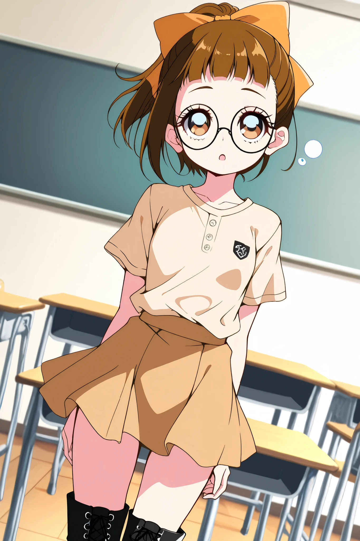 reia_kosu,1 female,solo,
brown eyes,round glasses,brown hair,hair bow,
short hair,ponytail,open mouth,
blue eyes,big eyes,slant eyes,long eyelashes,
sleepy eyes,
pretty,small breast,looking at viewer,
dutch angle,cowboy shot,

short sleeves,skirt,beige shirt,
lace up boots,thigh-high boots,high heels,

beautiful legs,thin thighs,thin calves,
nallow waist,
perfect face,beautiful skin,
anatomically correct,

masterpiece,highest quality,
high resolution,high definition,
ultra-detailed,anime,
indoors,class room,school desk,school chair,black board
