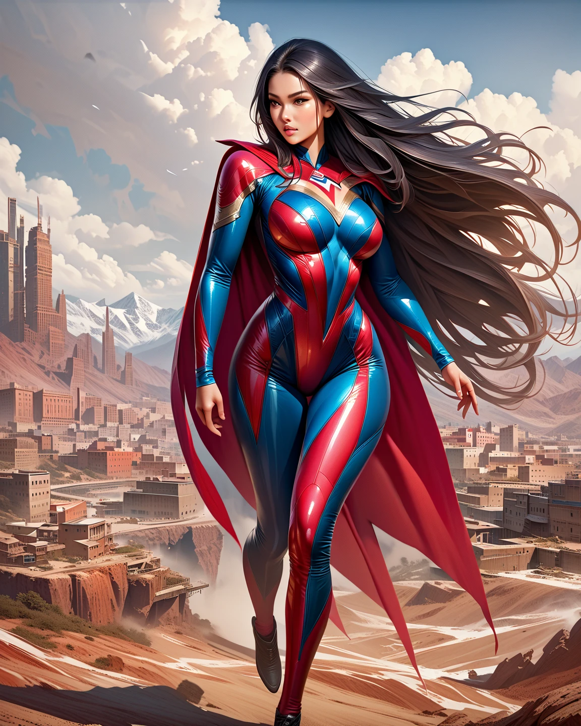 John Busema (John Buscema) Best Style ,A powerful female superhero wearing red, In the sky of a bustling metropolis,She is beautiful and sexy,Overlooking everything(whole body) Cinematic, Ultra Detailed, 16k resolution):