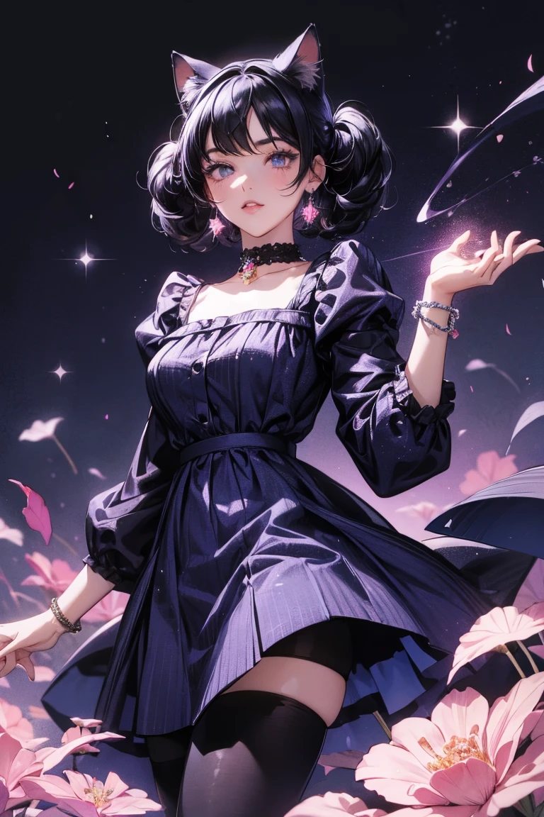  She has short black hair, black eyelashes, a curved nose,. She wears a sleeveless pink dress with ruffle tips, pink lipstick, and carries a velvet purse. SPARKLE; GLITTER