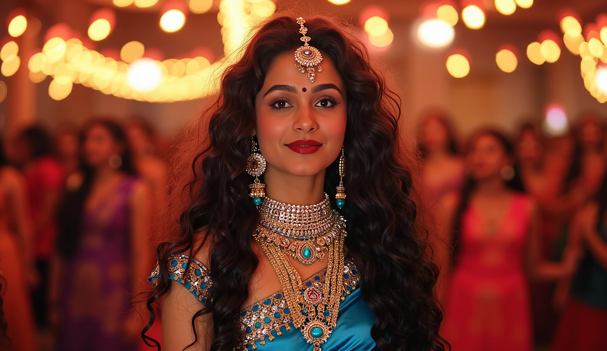 beautiful fair skin tone young lady ,glowing skin body, hazal colour eyes, long nails and silver ring,mini bindi,glitter eyeshadow, dark red lipstick, Royal kundan heavy choker,wear blue ghaghra choli, full body,she playing dance in navratri mandal,long curly hair,