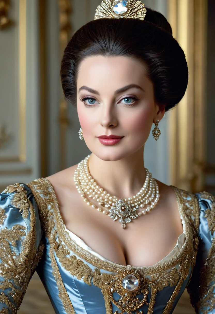 Full body shot, In the mid-16th century, the neckline disappeared and raised collars appeared. Shoes and fluffy skirts are in fashion; real fashionistas and fashionistas began to use perfume. Later, France begins to dictate fashion again. Laws of beauty appear, and the whole world follows the example of French women. The first editions of style and fashion appear. In the 18th and 19th centuries, fashion included: front sights, wigs, women's corsets, and the Rococo style.full body photography, big breasts, very long eyelashes, long diamond earrings, big diamond collar