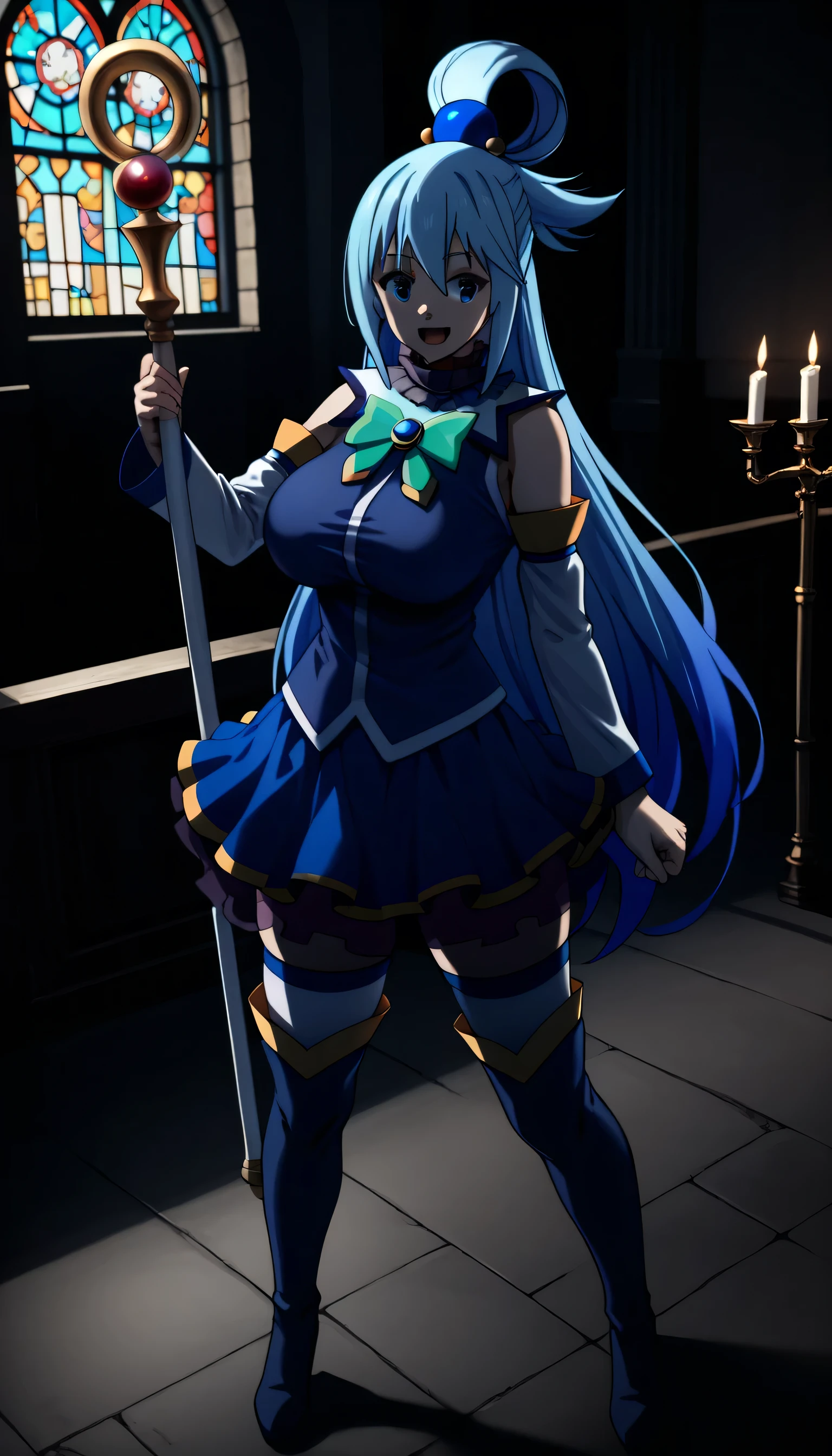 huge breast, ,Give your images flat even illumination (negative) or dramatic chiaroscuro lighting (positive). Church, candles, candlestick, windows with church-style image ,1girl, aqua_(konosuba), solo, long_hair, thighhighs, detached_sleeves, blue_footwear, blue_hair, blue_eyes, boots, staff, open_mouth, skirt, thigh_boots, holding, holding_staff, blue_thighhighs, smile, breasts, looking_at_viewer, full_body, blue_skirt, hair_ornament, standing, shirt, bare_shoulders, , hair_rings, thighhighs_under_boots, clenched_hand, blue_shirt, bangs, white_thighhighs, zettai_ryouiki, :d, very_long_hair