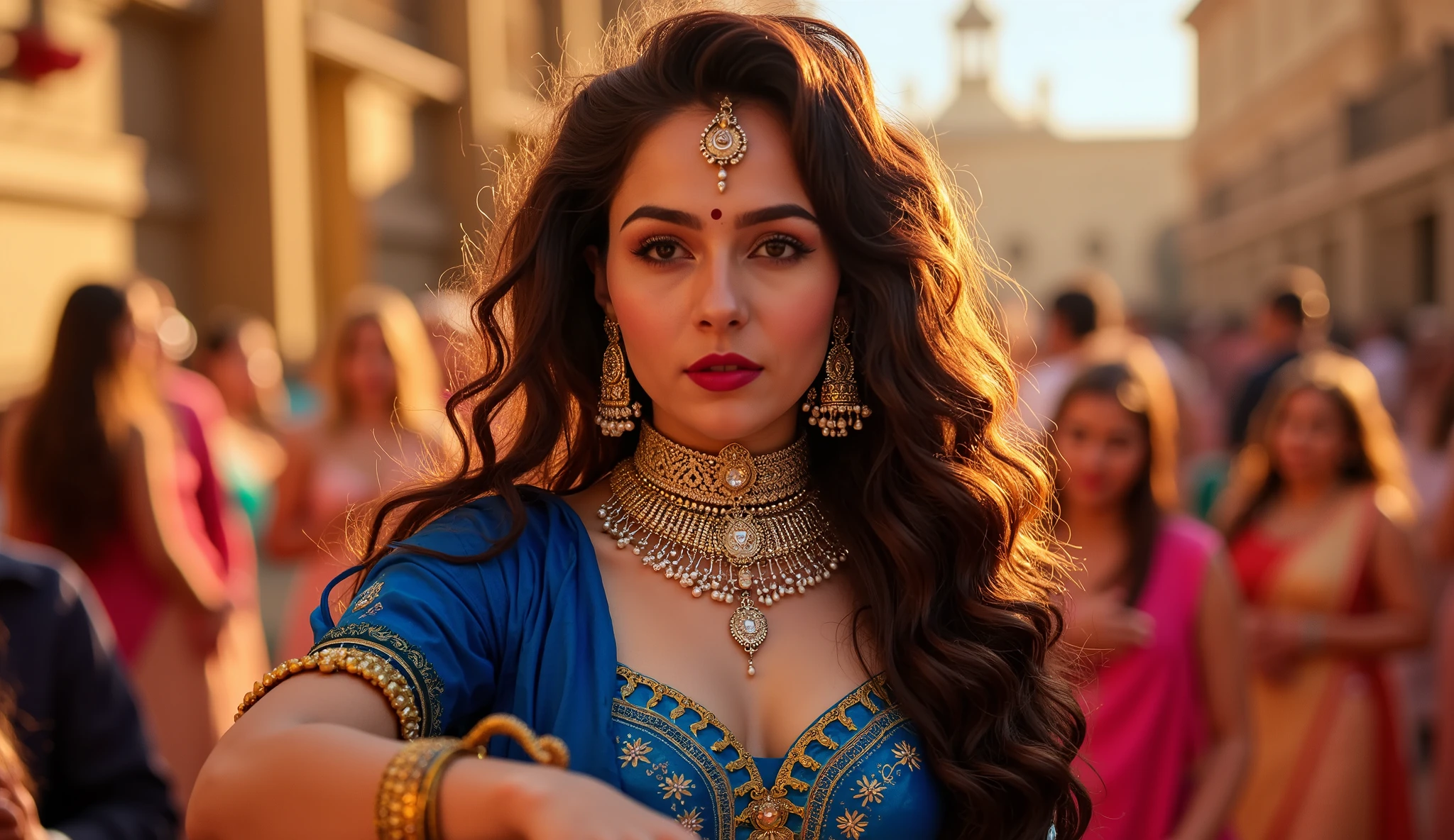 beautiful fair skin tone young lady ,glowing skin body, hazal colour eyes, long nails and silver ring,mini bindi,glitter eyeshadow, dark red lipstick, Royal kundan heavy choker,wear blue ghaghra choli, full body,she playing dance in navratri mandal,long curly hair,