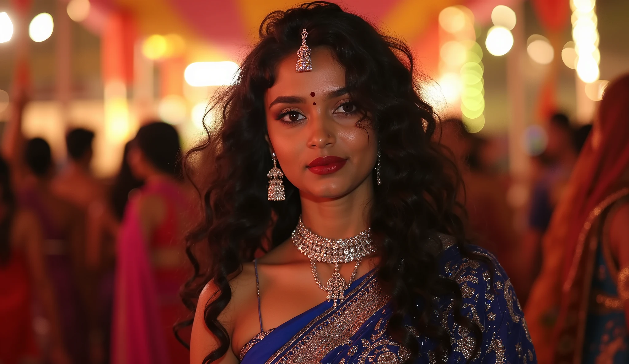beautiful fair skin tone young lady ,glowing skin body, hazal colour eyes, long nails and silver ring,mini bindi,glitter eyeshadow, dark red lipstick, Royal kundan heavy choker,wear blue ghaghra choli, full body,she playing dance in navratri mandal,long curly hair,