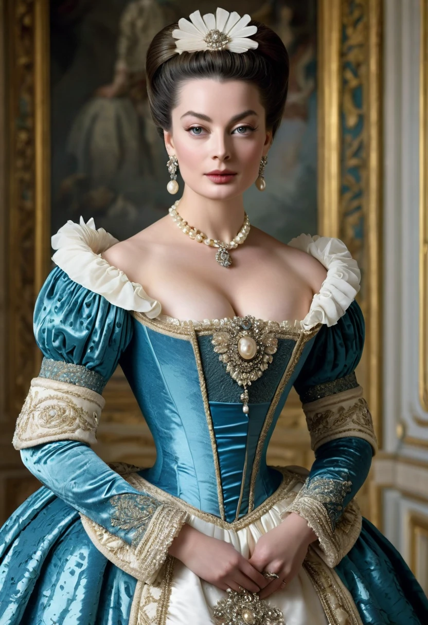 In the mid-16th century, the neckline disappeared and raised collars appeared. Shoes and fluffy skirts are in fashion; real fashionistas and fashionistas began to use perfume. Later, France begins to dictate fashion again. Laws of beauty appear, and the whole world follows the example of French women. The first editions of style and fashion appear. In the 18th and 19th centuries,(whole body),fashion included: front sights, wigs, women's corsets, and the Rococo style.full body photography, big breasts, very long eyelashes, long diamond earrings, big diamond collar, ruffled dress, puffy sleves,satin dress,silk dress,4k, 8k,high resolution