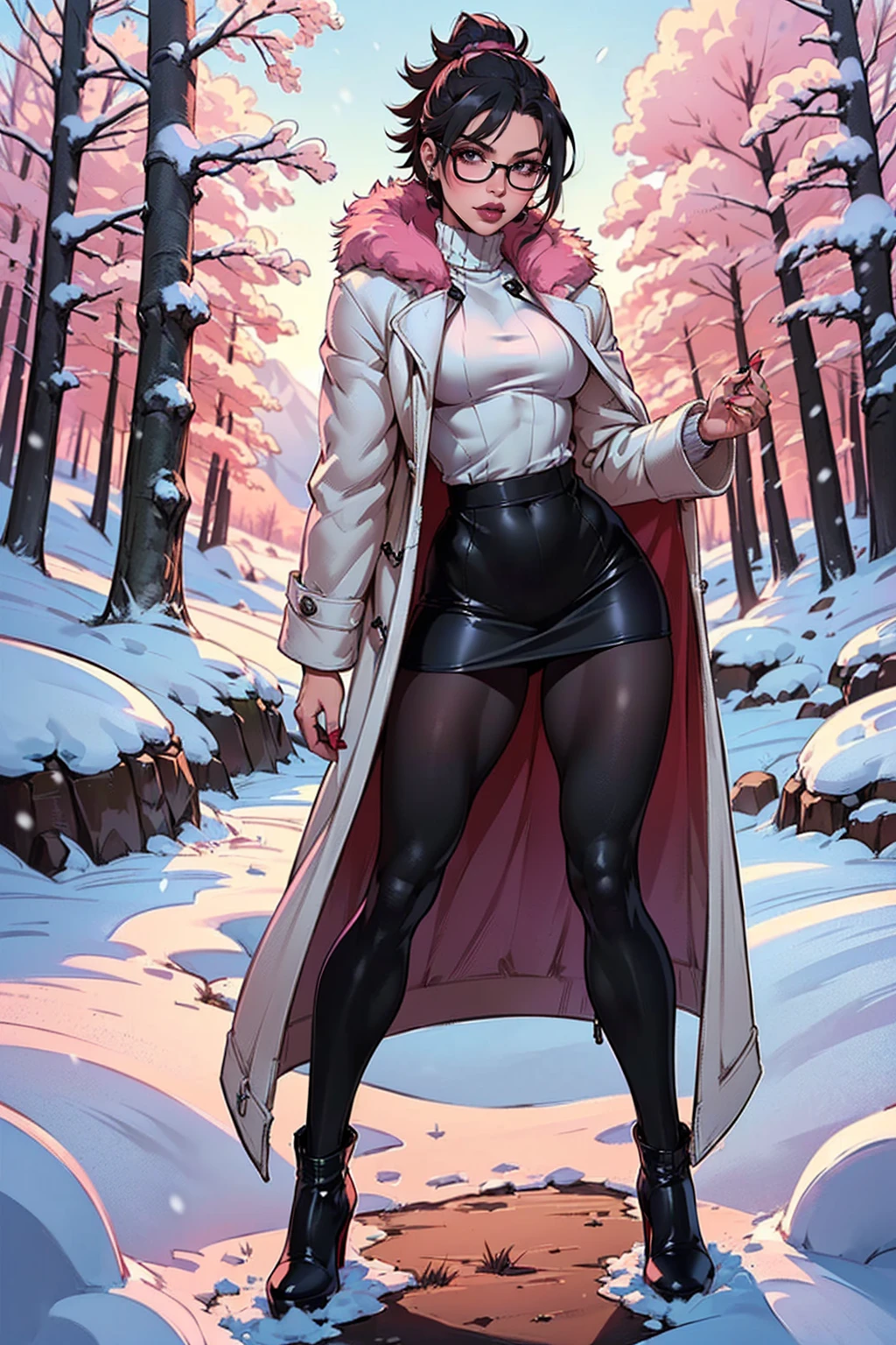 (mature woman) huge (walking on the street tanned skin full body) sweat steam (purple hair) (bright yellow eyes) variants (((winter clothing))), (best quality:1.1), (masterpiece:1.4), (absurdres:1)