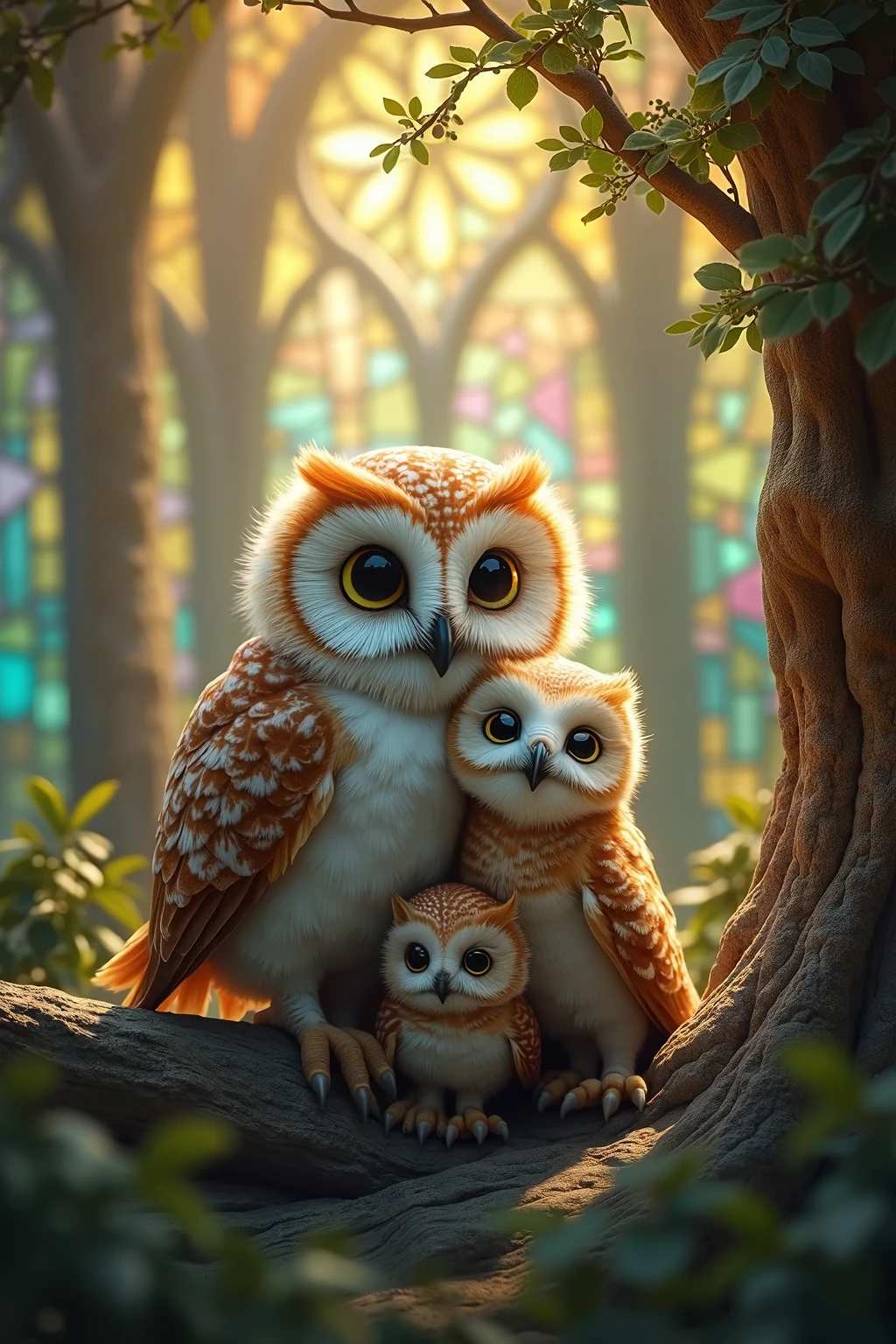 There are two owls sitting on a tree branch in the forest - SeaArt AI