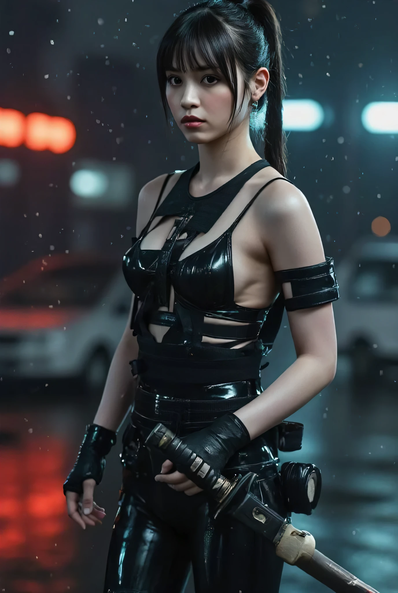 ((Dark Nostromo: Windy and Rainy Highway:2.0))),((( HR Gigger Style Cyberpunk Atmosphere :2.0))),(((Hold a cyberpunk-style Japanese sword:2.0))), standing,((full body:2.0)), one woman,( cute face),(Beautiful well-balanced face ),(( natural big breasted :2.0)),( black hair:1.5),(beautiful eyes:1.3), glamorous shot of a 20 year old Japanese woman , Slender Beautiful Body ,((Model body type:2.0)),(( slim body with hot water:1.7)), perfect body line ,ideal proportions,((big breasts:2.0)),((F cup chest wearing:1.5)),Big Breasts,Bare thighs, sensual thighs, delicate body,( Muscular:1.7),A harmonious posture,((Realistic breast depiction :1.7)),carefully depicts limbs based on perfect anatomy,((Wear a samurai kimono-style military coat with an open front over a black super high-leg leotard :1.5)),((super high leg leotard made of fitted cammie-like latex:1.5)),(( leotard that is tied from behind:1.5)),(ear monitor:1.5),((Tactical Holster:1.5)),( gloves:1.3),concept art,(TOP QUALITY:1.5),(masterpiece:1.5),(超高resolution),resolution,UHD,( delicate depiction), carefully drawn with butterfly wings ,32K,((realistic skin texture:1.5)),((( Super realistic :1.5))), eyelashes,Highly detailed faces,Highly detailed female hand,Sexy appearance,Very sensual,(Blurry Dim Backgrounds :1.5), professional photography,( Movie Lighting:2.0),(( Blade Runner Style Lights :2.0))