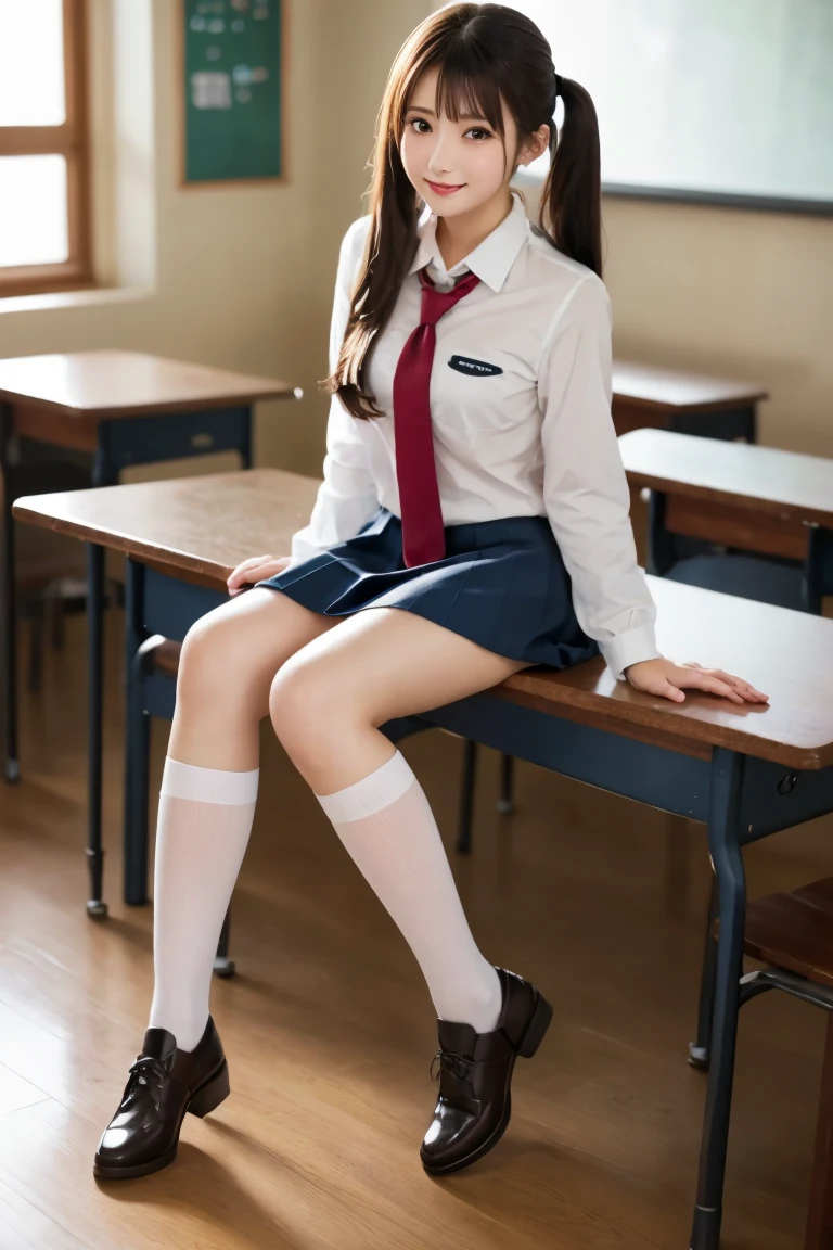 alone、expensive school girl、Natural body shape、White skin、Natural Makeup、Black Hair、bangs、Straight Long Hair、Lift up the skirt、expensive 、Navy Pleated Skirt、Please sit down、Spread your legs、Big Breasts、Small size pure white panties、((The upper body is wearing a uniform))、School classroom、Looking into the camera、White socks、Black Loafers、Full body photo、Embarrassed look、Embarrassed expression、Topless、Nipples sticking out