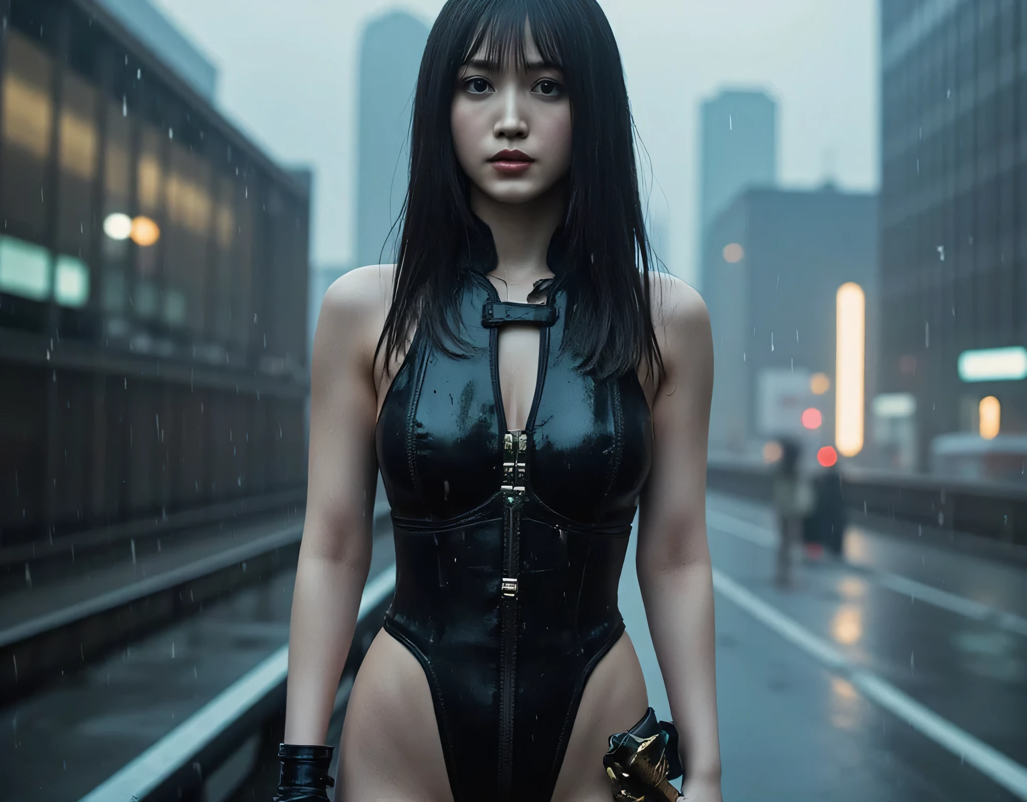 ((Dark Nostromo: Windy and Rainy Highway:2.0))),((( HR Gigger Style Cyberpunk Atmosphere :2.0))),(((Hold a cyberpunk-style Japanese sword:2.0))), standing,((full body:2.0)), one woman,( cute face),(Beautiful well-balanced face ),(( natural big breasted :2.0)),( black hair:1.5),(beautiful eyes:1.3), glamorous shot of a 20 year old Japanese woman , Slender Beautiful Body ,((Model body type:2.0)),(( slim body with hot water:1.7)), perfect body line ,ideal proportions,((big breasts:2.0)),((F cup chest wearing:1.5)),Big Breasts,Bare thighs, sensual thighs, delicate body,( Muscular:1.7),A harmonious posture,((Realistic breast depiction :1.7)),carefully depicts limbs based on perfect anatomy,((Wear a samurai kimono-style military coat with an open front over a black super high-leg leotard :1.5)),((super high leg leotard made of fitted cammie-like latex:1.5)),(( leotard that is tied from behind:1.5)),(ear monitor:1.5),((Tactical Holster:1.5)),( gloves:1.3),concept art,(TOP QUALITY:1.5),(masterpiece:1.5),(超高resolution),resolution,UHD,( delicate depiction), carefully drawn with butterfly wings ,32K,((realistic skin texture:1.5)),((( Super realistic :1.5))), eyelashes,Highly detailed faces,Highly detailed female hand,Sexy appearance,Very sensual,(Blurry Dim Backgrounds :1.5), professional photography,( Movie Lighting:2.0),(( Blade Runner Style Lights :2.0))