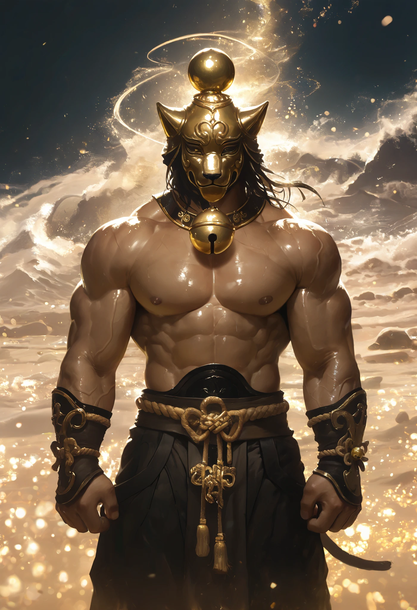 masterpiece,the best quality, newest ,absurdres, highres,far away,1 monk Chao Lin,golden bell, muscular,sound waves
