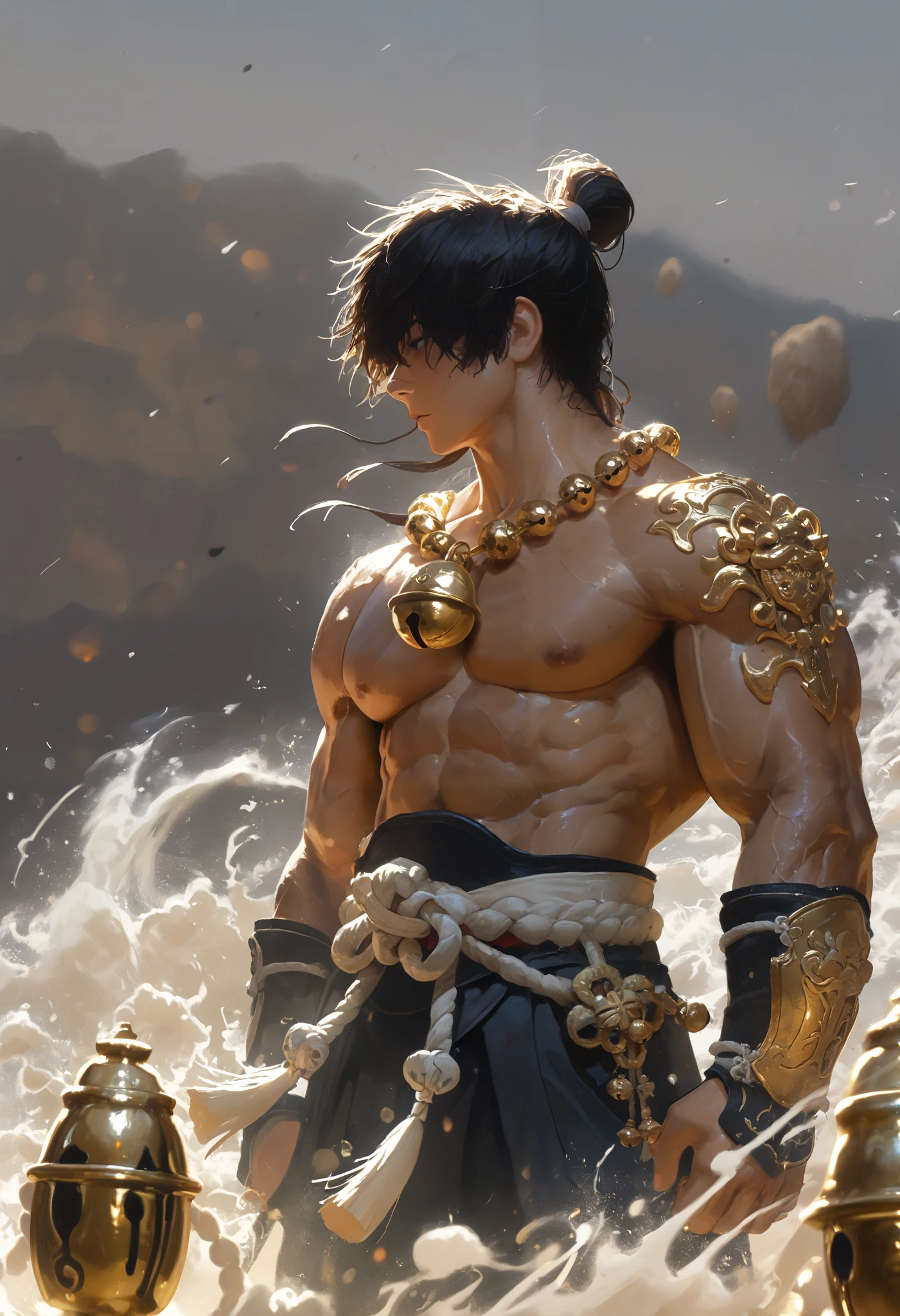 masterpiece,the best quality, newest ,absurdres, highres,far away,1 monk Chao Lin,golden bell, muscular,sound waves