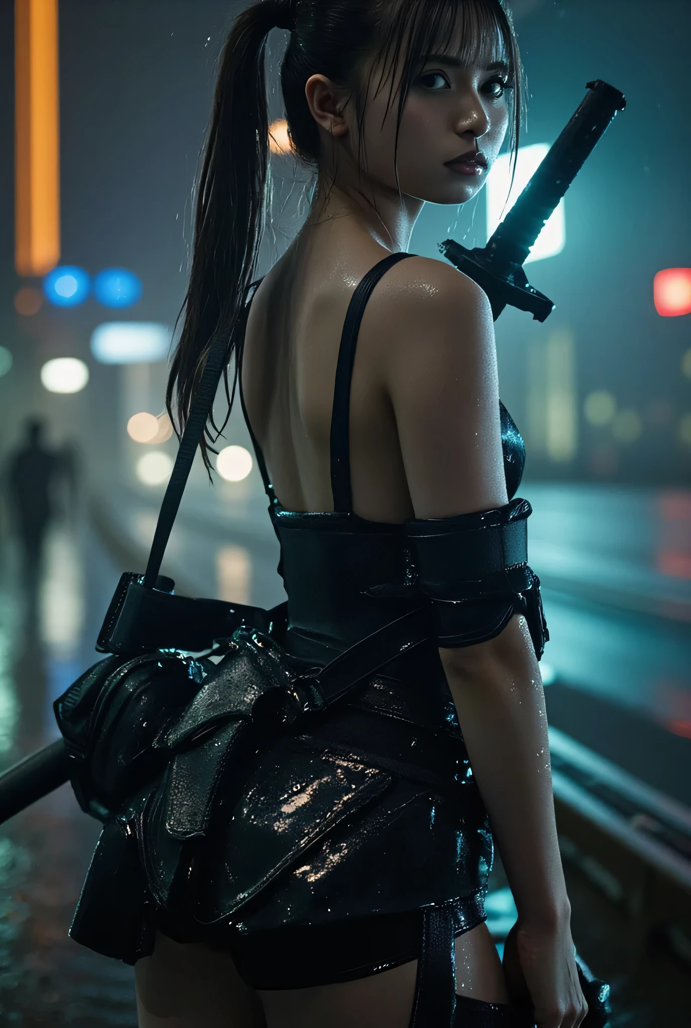 ((Dark Nostromo: Windy and Rainy Highway:2.0))),((( HR Gigger Style Cyberpunk Atmosphere :2.0))),(((Hold a cyberpunk-style Japanese sword:2.0))),Side view from the back ,Side pose,(( Look Back and Look at the Camera:2.0)),(( looking back over my shoulder :2.0)),Rear View,((full body:2.0)), one woman,( cute face),(Beautiful well-balanced face ),(( natural big breasted :2.0)),( black hair:1.5),(beautiful eyes:1.3), glamorous shot of a 20 year old Japanese woman , Slender Beautiful Body ,((Model body type:2.0)),(( slim body with hot water:1.7)), perfect body line ,ideal proportions,(big breasts:2.0),Bare thighs, sensual thighs, delicate body,( Muscular:1.5),A harmonious posture,((Beautiful ass:2.0)),((cute ass:2.0)), ((((Bare ass :2.0)))),((( T-back :2.0))),(Realistic breast depiction :1.5),carefully depicts limbs based on perfect anatomy,((Wear a samurai kimono-style military coat with an open front over a black super high-leg leotard :2.0,((super high leg leotard made of fitted cammie-like latex:1.5)),((Samurai kimono style military jacket with the front open over a leotard:1.5)),(ear monitor:1.5),((Tactical Holster:1.5)),( gloves:1.3),concept art,(TOP QUALITY:1.5),(masterpiece:1.5),(超高resolution),resolution,UHD,( delicate depiction), carefully drawn with butterfly wings ,32K,((realistic skin texture:1.5)),((( Super realistic :1.5))), eyelashes,Highly detailed faces,Highly detailed female hand,Very sensual,(Blurry Dim Backgrounds :1.5), professional photography,( Movie Lighting:2.0),(( Blade Runner Style Lights :2.0))