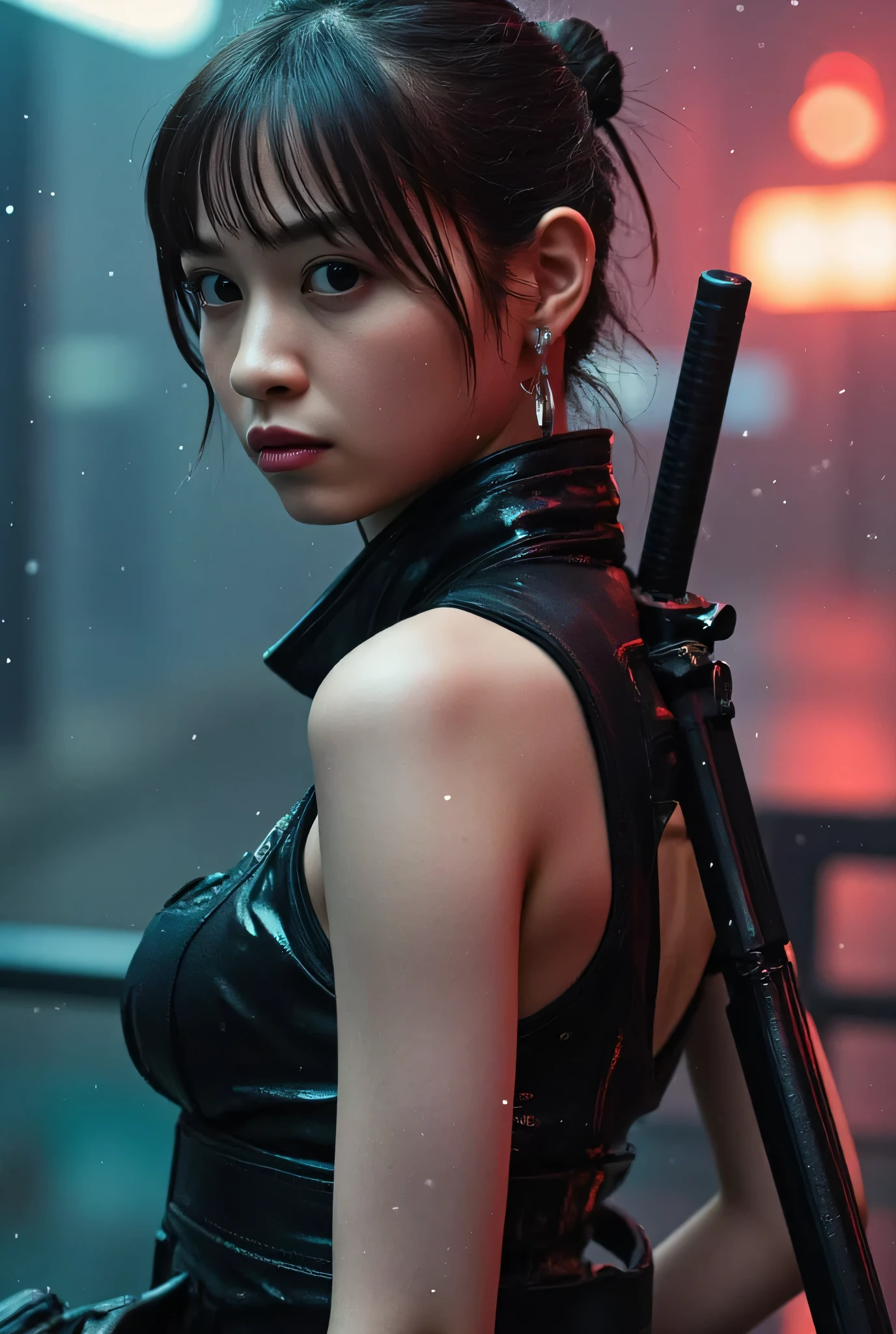 ((Dark Nostromo: Windy and Rainy Highway:2.0))),((( HR Gigger Style Cyberpunk Atmosphere :2.0))),(((Hold a cyberpunk-style Japanese sword:2.0))),Side view from the back ,Side pose,(( Look Back and Look at the Camera:2.0)),(( looking back over my shoulder :2.0)),Rear View,((full body:2.0)), one woman,( cute face),(Beautiful well-balanced face ),(( natural big breasted :2.0)),( black hair:1.5),(beautiful eyes:1.3), glamorous shot of a 20 year old Japanese woman , Slender Beautiful Body ,((Model body type:2.0)),(( slim body with hot water:1.7)), perfect body line ,ideal proportions,(big breasts:2.0),Bare thighs, sensual thighs, delicate body,( Muscular:1.5),A harmonious posture,((Beautiful ass:2.0)),((cute ass:2.0)), ((((Bare ass :2.0)))),((( T-back :2.0))),(Realistic breast depiction :1.5),carefully depicts limbs based on perfect anatomy,((Wear a samurai kimono-style military coat with an open front over a black super high-leg leotard :2.0,((super high leg leotard made of fitted cammie-like latex:1.5)),((Samurai kimono style military jacket with the front open over a leotard:1.5)),(ear monitor:1.5),((Tactical Holster:1.5)),( gloves:1.3),concept art,(TOP QUALITY:1.5),(masterpiece:1.5),(超高resolution),resolution,UHD,( delicate depiction), carefully drawn with butterfly wings ,32K,((realistic skin texture:1.5)),((( Super realistic :1.5))), eyelashes,Highly detailed faces,Highly detailed female hand,Very sensual,(Blurry Dim Backgrounds :1.5), professional photography,( Movie Lighting:2.0),(( Blade Runner Style Lights :2.0))