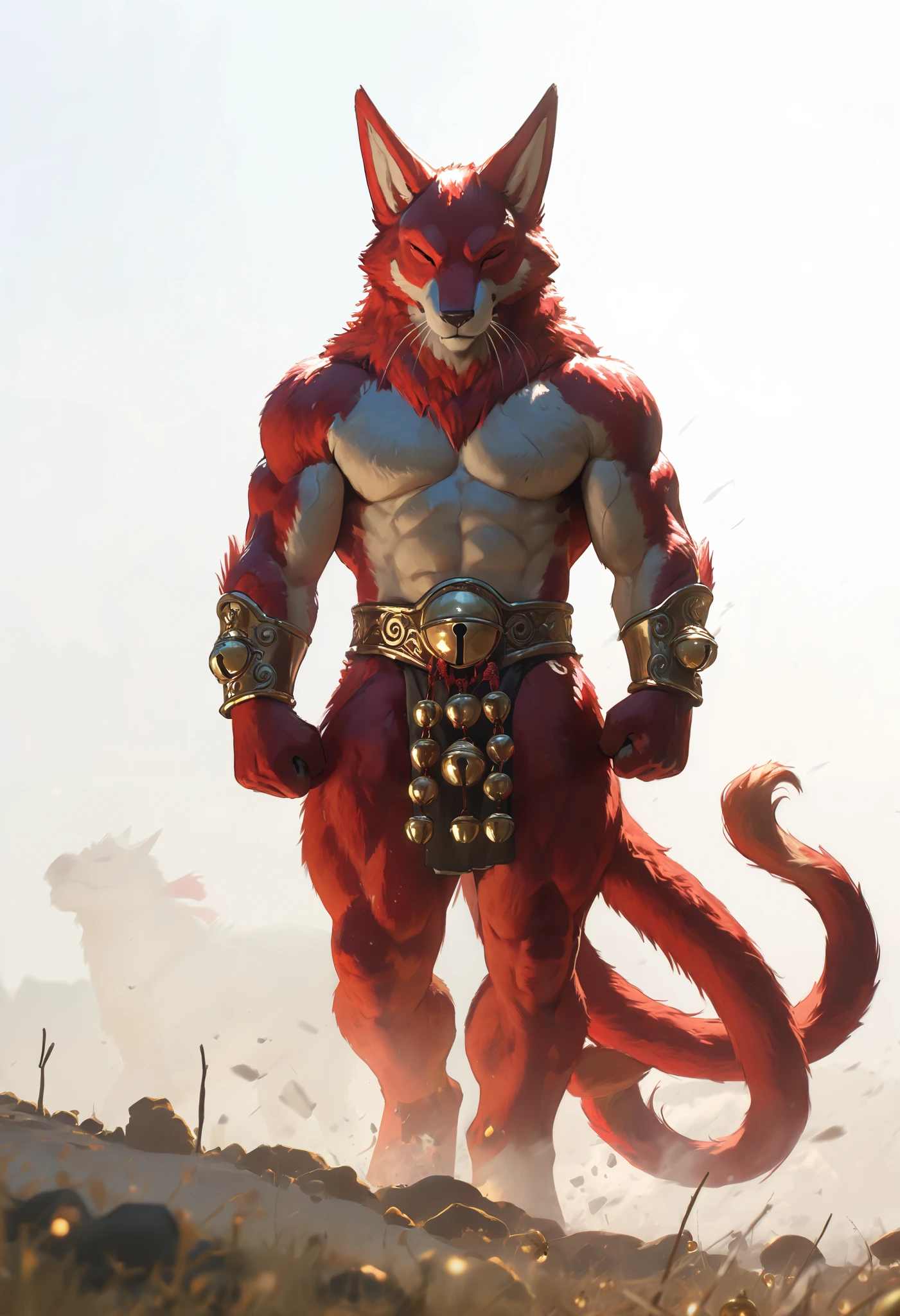 masterpiece,the best quality, newest ,absurdres, highres,far away,1 monk Chao Lin,golden bell, muscular,sound waves,zorro,giant animal,9 red tails