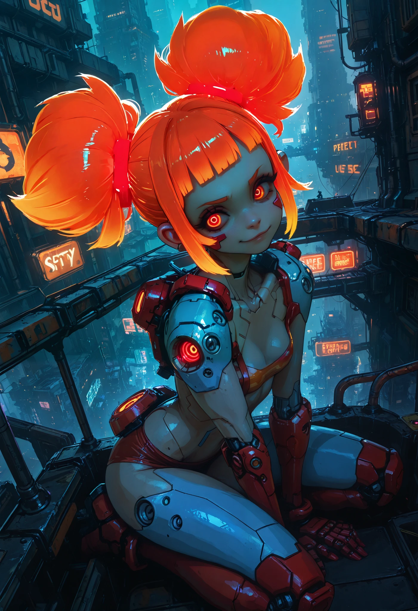 masterpiece,the best quality, newest ,absurdres, highres,far away,(sfw), intricate details, 1 girl,  night, (bright neon colors), (( flying over a futuristic cyberpunk city )), detailed background, (Little cyborg girl, ((Perfect and cute face, bright bright red eyes)), ( Perfect anatomy ,  small breasts and perky ), ( Absurdly long orange and white gradient hair,  Hair blowing in the wind )), detailed ribbed body impossible ,  shoulder armor, Industrial Cyber Members , dynamic angle,