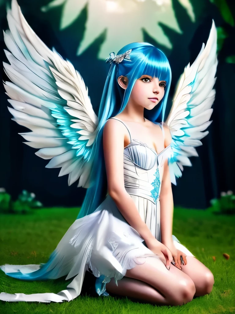 CHILDREN BLUE HAIR GOLDEN ANGEL GIRL.