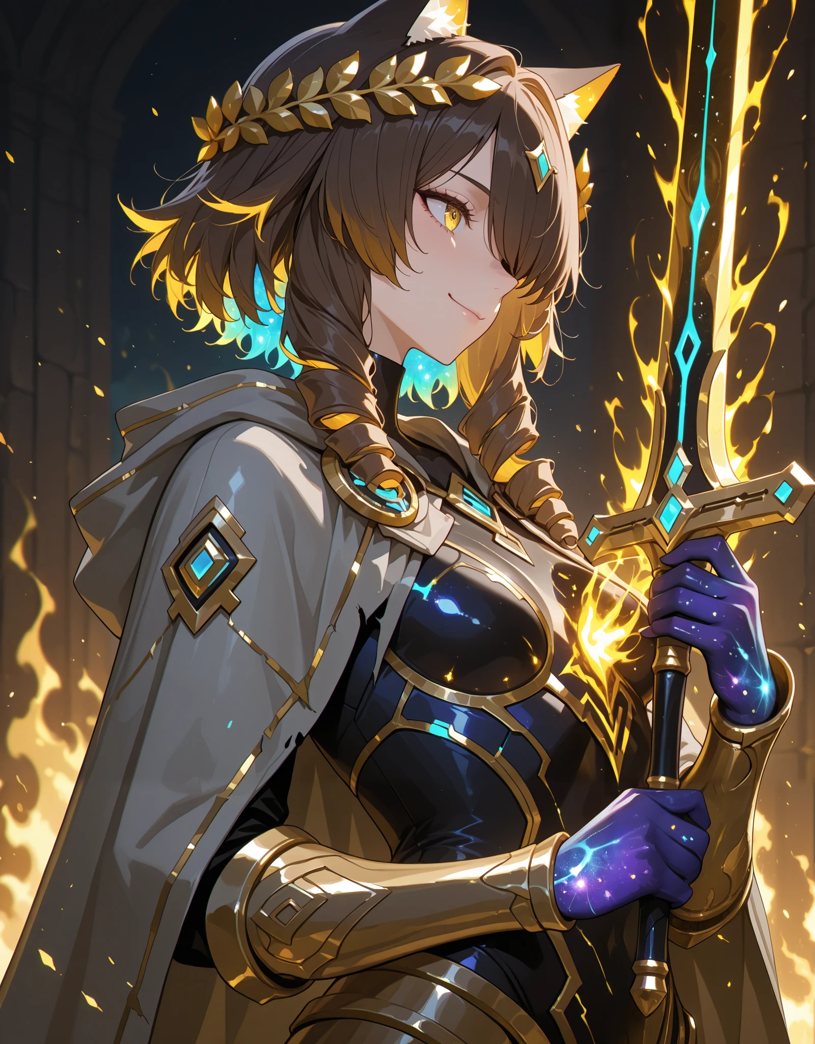realistic lighting, masterpiece, highres, absurdres, depth of field, best quality, amazing quality, very aesthetic, high resolution, newest, hyper-detailed, 1girl, mature woman, upper body shot, detailed skin, extremely detailed eyes, ((laurel crown, golden hair:1.15), golden eyes:1.17), (corrupted energy, foggy aura:1.1), glitch, small breasts, armor, head tilt, greek armor, golden aura, golden fire, ancient greek clothes, armored, vambraces, sadistic smile, kubrick stare, head tilt, from the side, side profile, looking to the side, Erwin_QUA, brown hair, blue eye, drill hair, (cosmic skin:1.3), two-tone hair, two-tone skin, cat ears, (one eye covered)+, black bodysuit, turtleneck, grey cloak, hooded cloak, (cosmic hair:1.4), runesword, holding a sword to her chest, wielding runesword