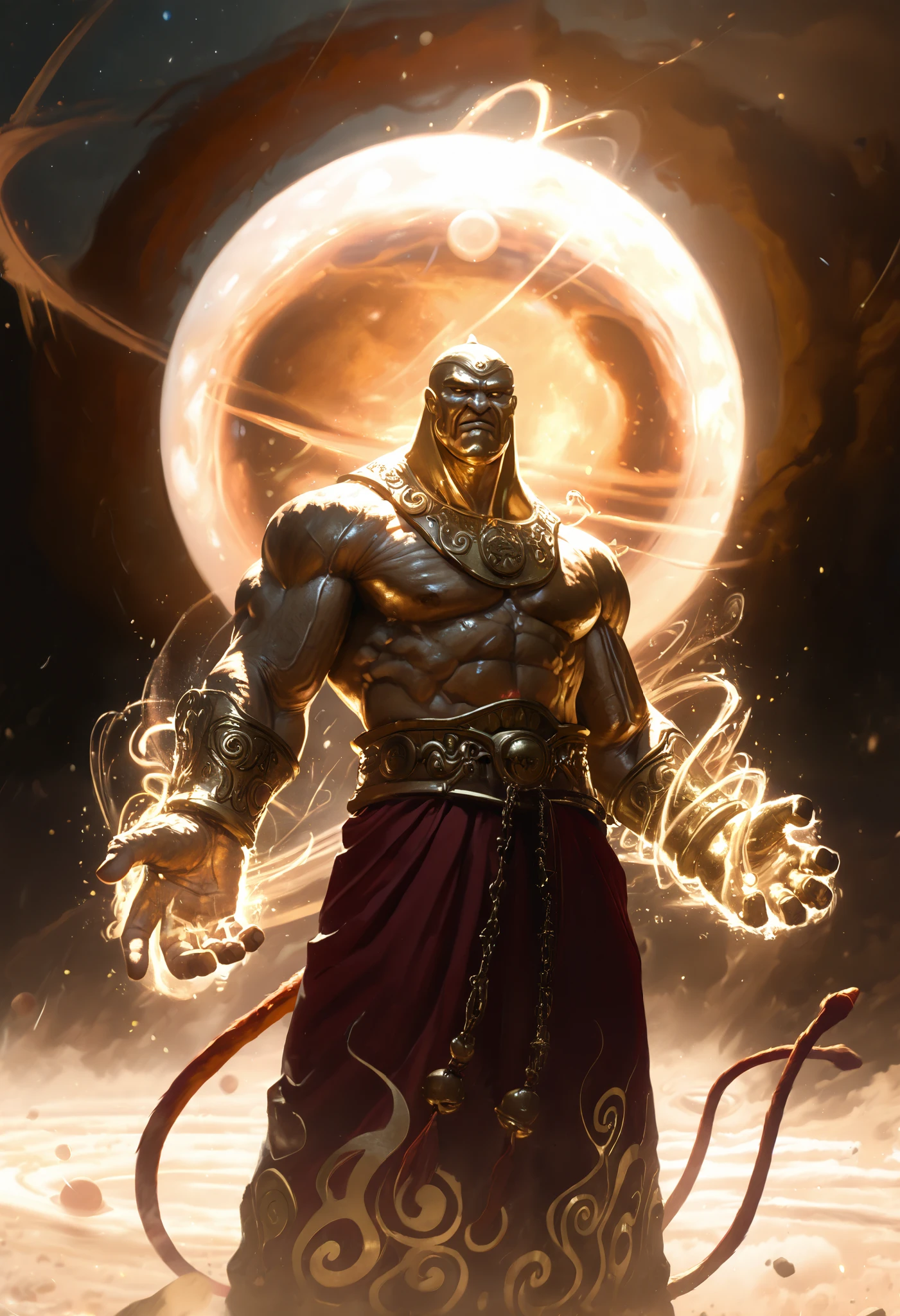 masterpiece,the best quality, newest ,absurdres, highres,far away,1 monk Chao Lin,golden bell, muscular,sound waves,zorro,giant animal,9 red tails,sound waves,God of Time,planetary size,giant hand 