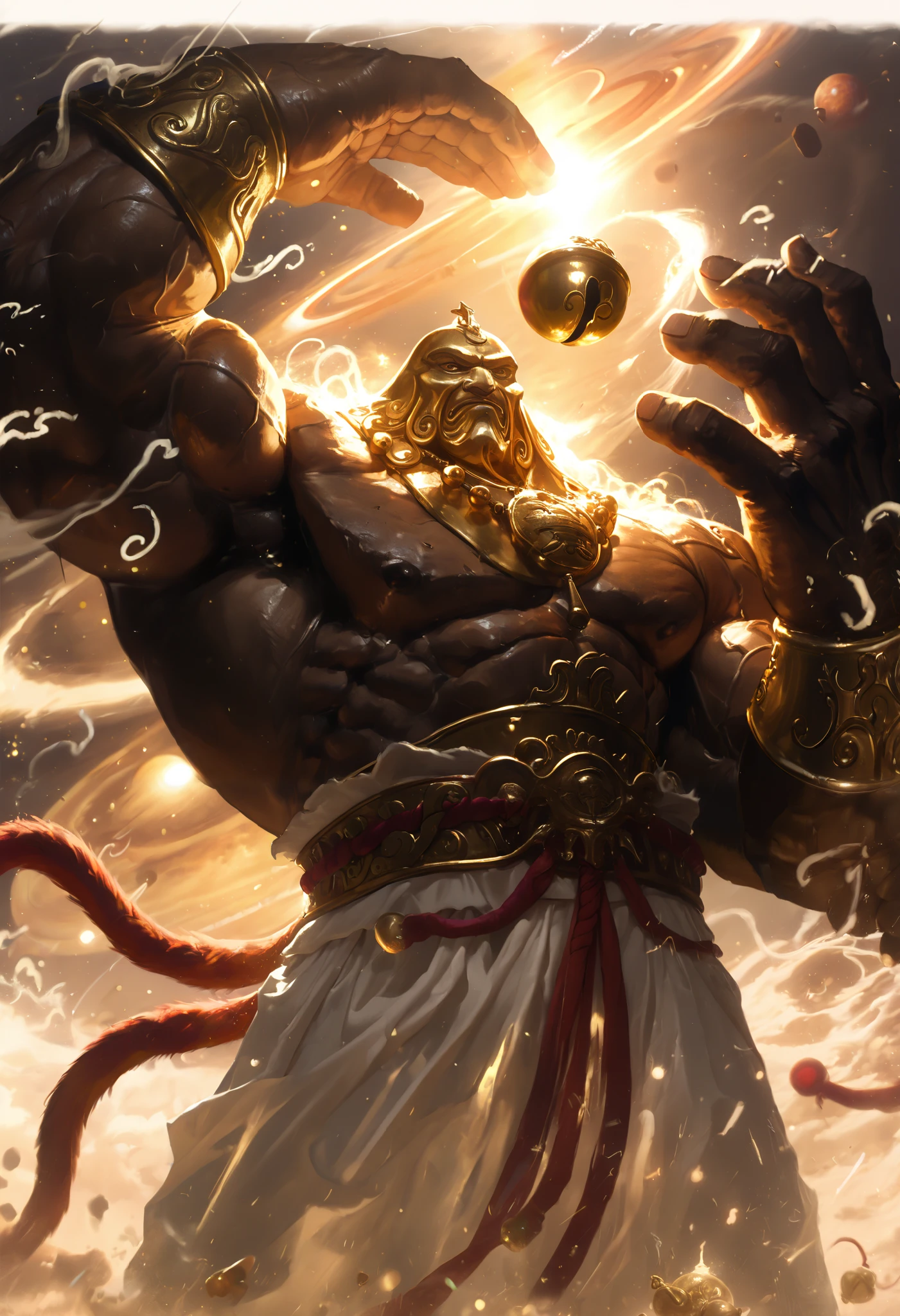 masterpiece,the best quality, newest ,absurdres, highres,Very far,1 monk Chao Lin,golden bell, muscular,sound waves,zorro,giant animal,9 red tails,sound waves,God of Time,planetary size,giant hand