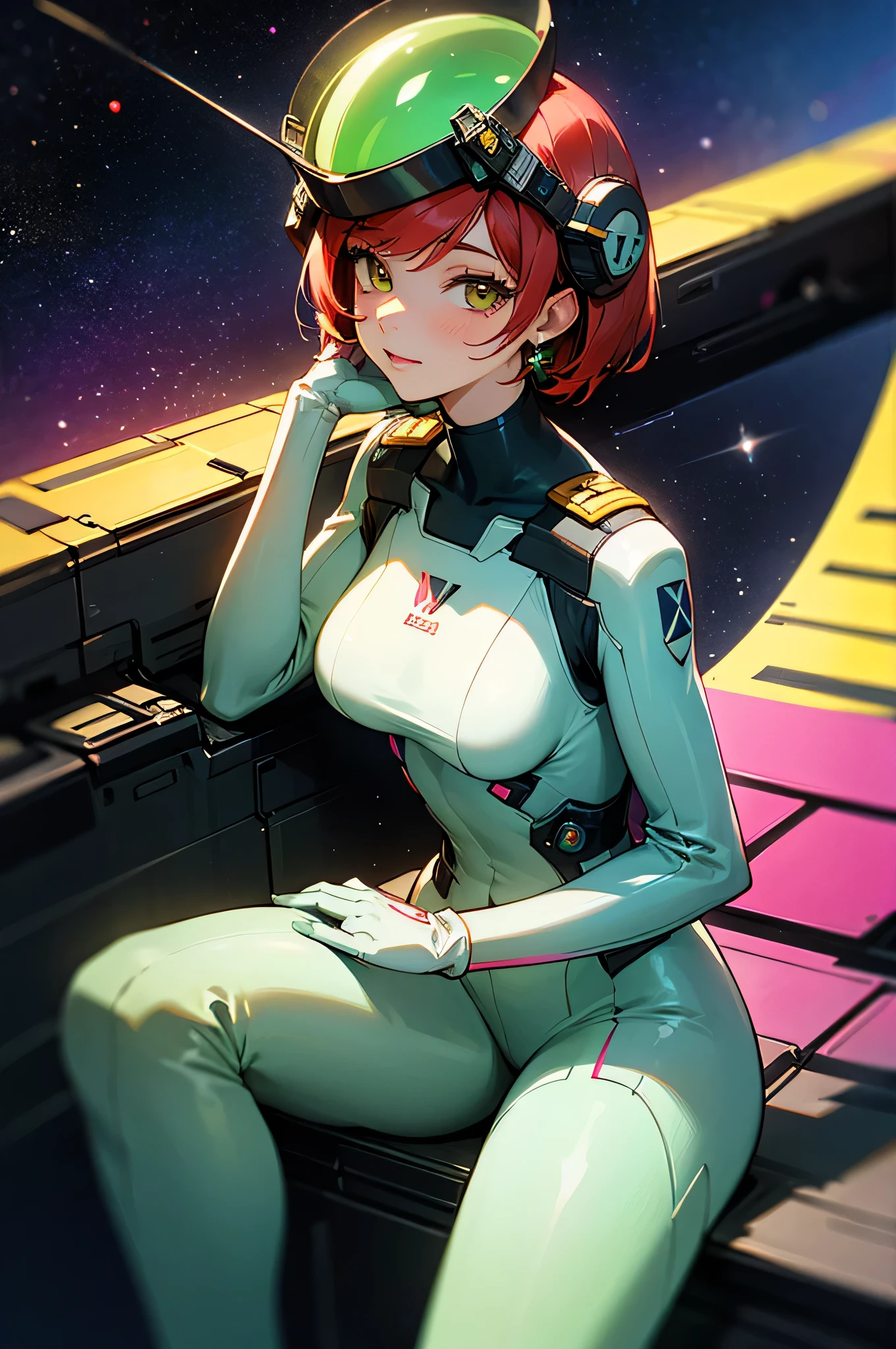 (aesthetic, best quality, masterpiece), 1girl, female focus, solo, large breasts, closed mouth, small smile, green eyes, auburn hair, zerosuit, tight, pink and white bodysuit, vivid colors, holographic interface, spaceship, space, futuristic, datapad, full body, cockpit, watercolor illustration, perfect hands, bright starship interior, highly detailed eyes, (orbital view:1.3), (night, starry sky:1.5), milky way, perky breasts, upturned breasts