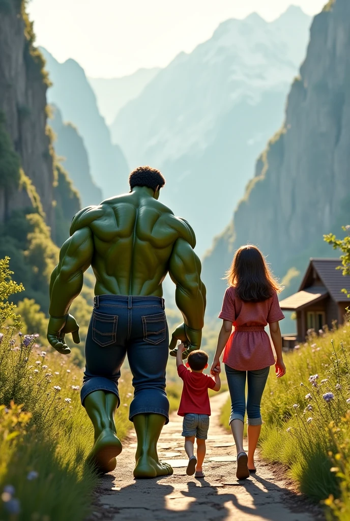 A dramatic picture of hulk, his wife and their 2 childrens, photo studio style, center, rendered in a cinematic style with extreme realism and detail, full body shot
