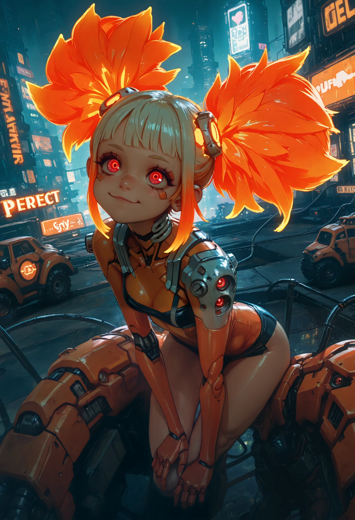 masterpiece,the best quality, newest ,absurdres, highres,far away,(sfw), intricate details, 1 girl, night, (bright neon colors), (( flying over a futuristic cyberpunk city )), detailed background, (Little cyborg girl, ((Perfect and cute face, bright bright red eyes)), ( Perfect anatomy , small breasts and perky ), ( Absurdly long orange and white gradient hair, Hair blowing in the wind )), detailed ribbed body impossible , shoulder armor, Industrial Cyber Members , dynamic angle, vivid colors, Cyberpunk girl