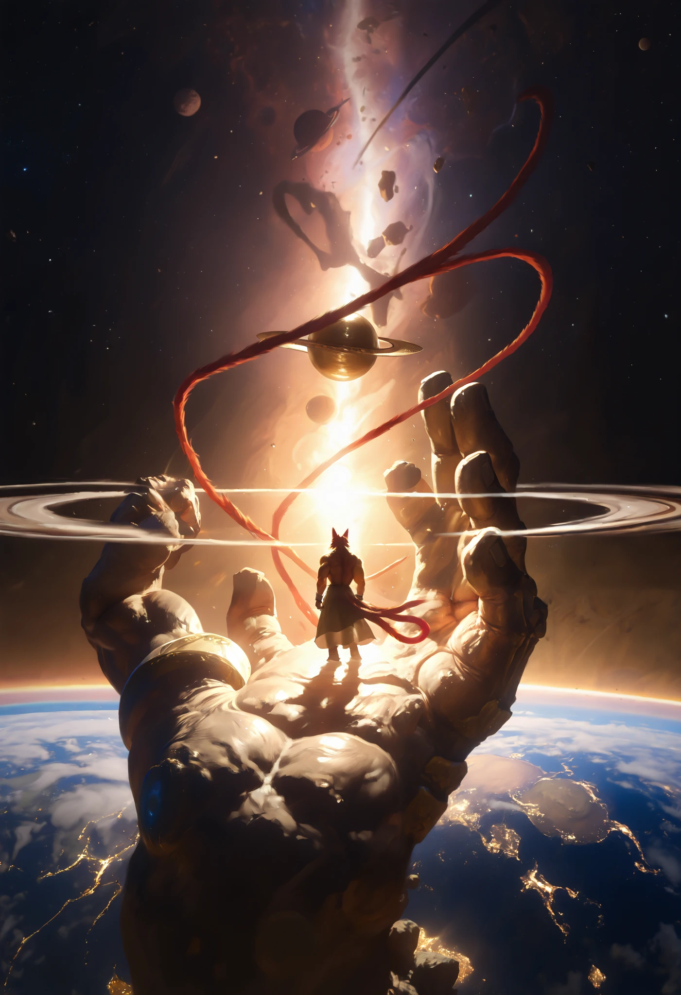 masterpiece,the best quality, newest ,absurdres, highres,far away,1 monk Chao Lin,golden bell, muscular,sound waves,zorro,giant animal,9 red tails,sound waves,God of Time,(planetary size),giant hand ,small planet Earth,Planet Between Your Hands