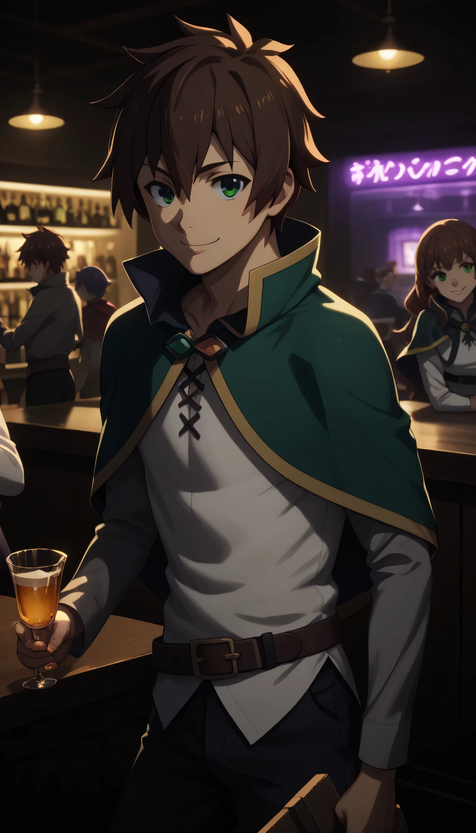 ,Give your images flat even illumination (negative) or dramatic chiaroscuro lighting (positive). 1boys, smile, , looking_at_viewer, Brothel, purple lights, a bar,holding, holding_panty,kazuma satou, short hair, brown hair, green eyes, 
shirt, long sleeves, white shirt, belt, pants, capelet, brown belt,Many girls with long hair of various hair colors,