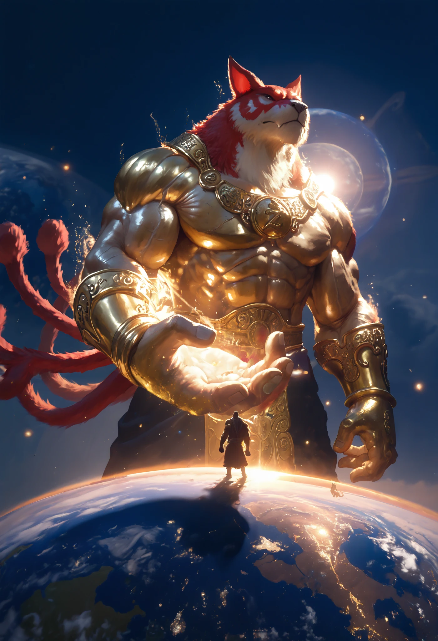 masterpiece,the best quality, newest ,absurdres, highres,far away,1 monk Chao Lin,golden bell, muscular,sound waves,zorro,giant animal,9 red tails,sound waves,God of Time,planetary size,giant hand ,(small planet Earth)
