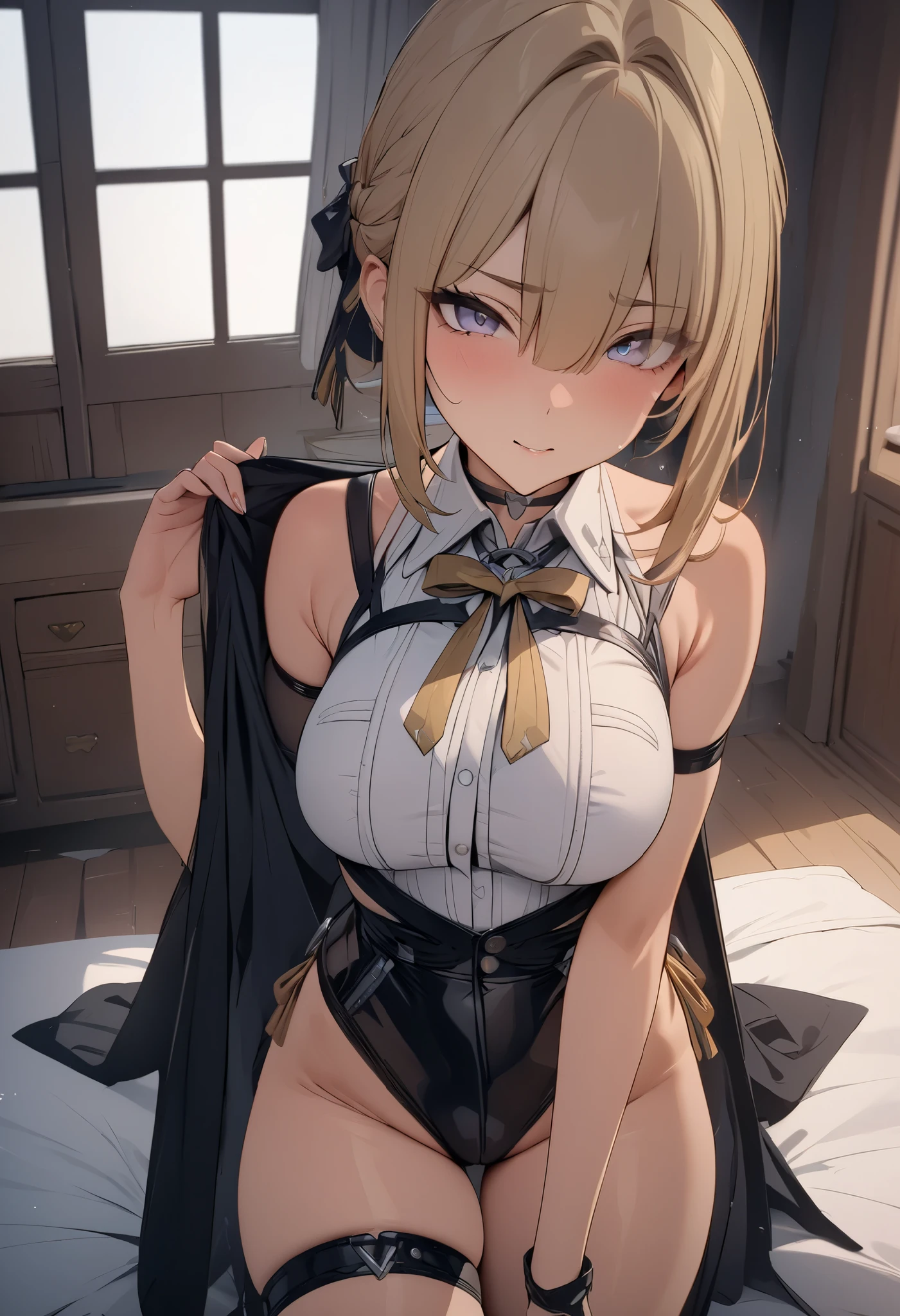 ((Best quality, 8K, Masterpiece :1.3)), Beautuful Women, 1woman, huge tit:1.3, ( slim toned body,very skinny:1.5), blonde hair, (sitting on luxury bed,Pose that arches the back, a low rise mini skirt:1.5 ), Ultra-fine face, Detailed lips, A detailed eye,See-through pantyhose,cutout between underboob、covered erectile nipples,I can see the belly button,((((vulgarity)))),