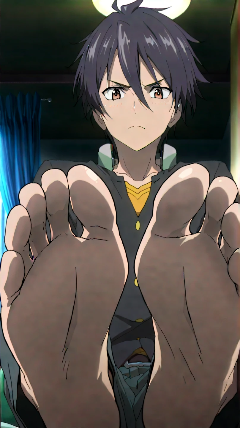 Anime boy Sasuke very wet sweaty socks under chair showing his feet soles so very close to the camera