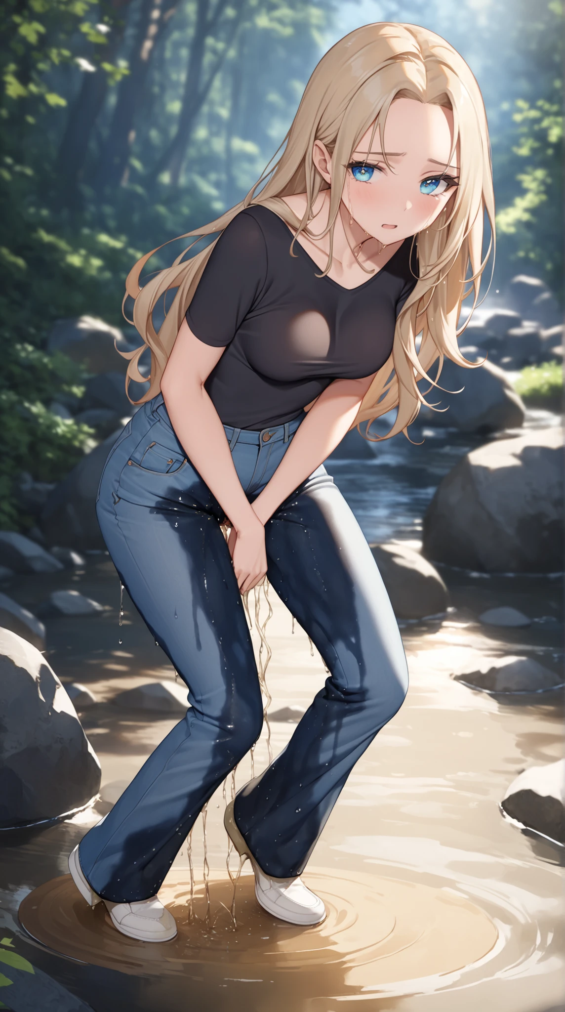 A youthful scandinavian female with dazzling eyes and lovely long hair and forehead with skinny body with round ass and medium breast is (wetting herself:1.5) in desperation. Piss is flowing from her bottoms in a stream down to her ankles and a large wet crotch stain is visible on her jeans. Large wet thigh, knee and shin stain is visible on her jeans. She is wearing blue denim flared pants with casual outfit and footwear. Looking at viewer. :O. (Best quality. Masterpiece:1.3. 16K. Detailed. Ultra high resolution). Fashion photography. Full body picture. Highly detailed face and skin texture. Detailed eyes. (Deep focus). Soft natural lighting.