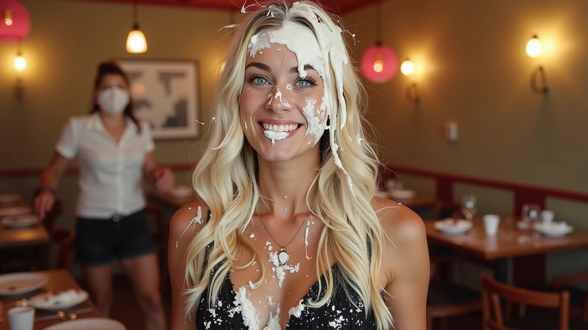 A photorealistic image of a beautiful young 21-year-old woman with long blonde hair and wearing a black dress, pied in the face during a pie fight in a restaurant.