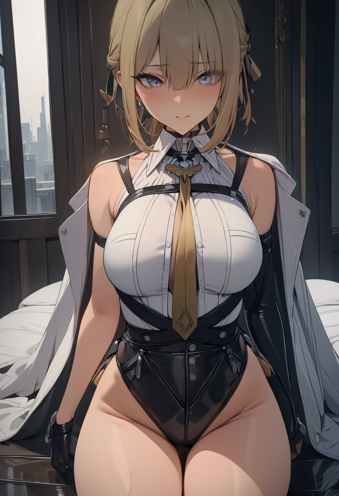 ((Best quality, 8K, Masterpiece :1.3)), Beautuful Women, 1woman, huge tit:1.3, ( slim toned body,very skinny:1.5), blonde hair, (sitting on luxury bed, crossedlegs, a low rise mini skirt:1.3 ), Ultra-fine face, Detailed lips, A detailed eye,See-through pantyhose,cutout between underboob、covered erectile nipples,I can see the belly button,(((vulgarity))),