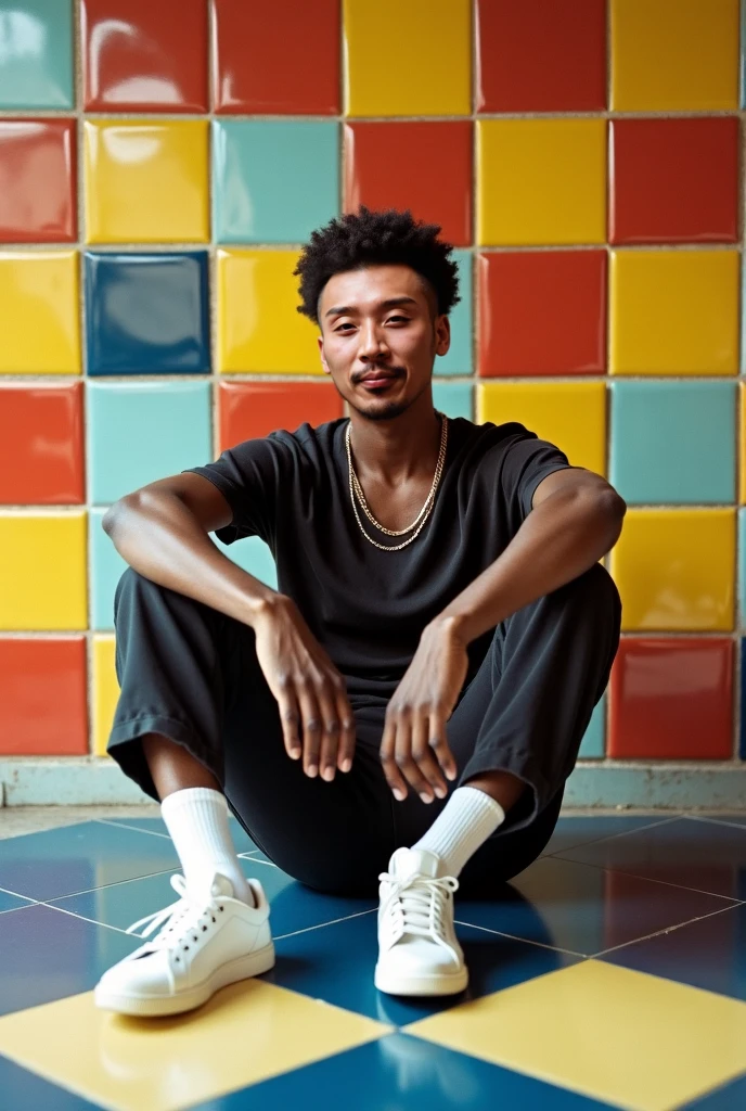 best qualityer:1.4), (ultra high resolution:1.2), (photorrealistic:1.4), (8k, CRU photo:1.2), A 20-year-old boy, brown skin, straight short hair, eyes browns, shirt white short-sleeved, Black pants up to the ankle, White sneakers, He is sitting on a colorful cube looking seductively at the camera. He is in a white background 