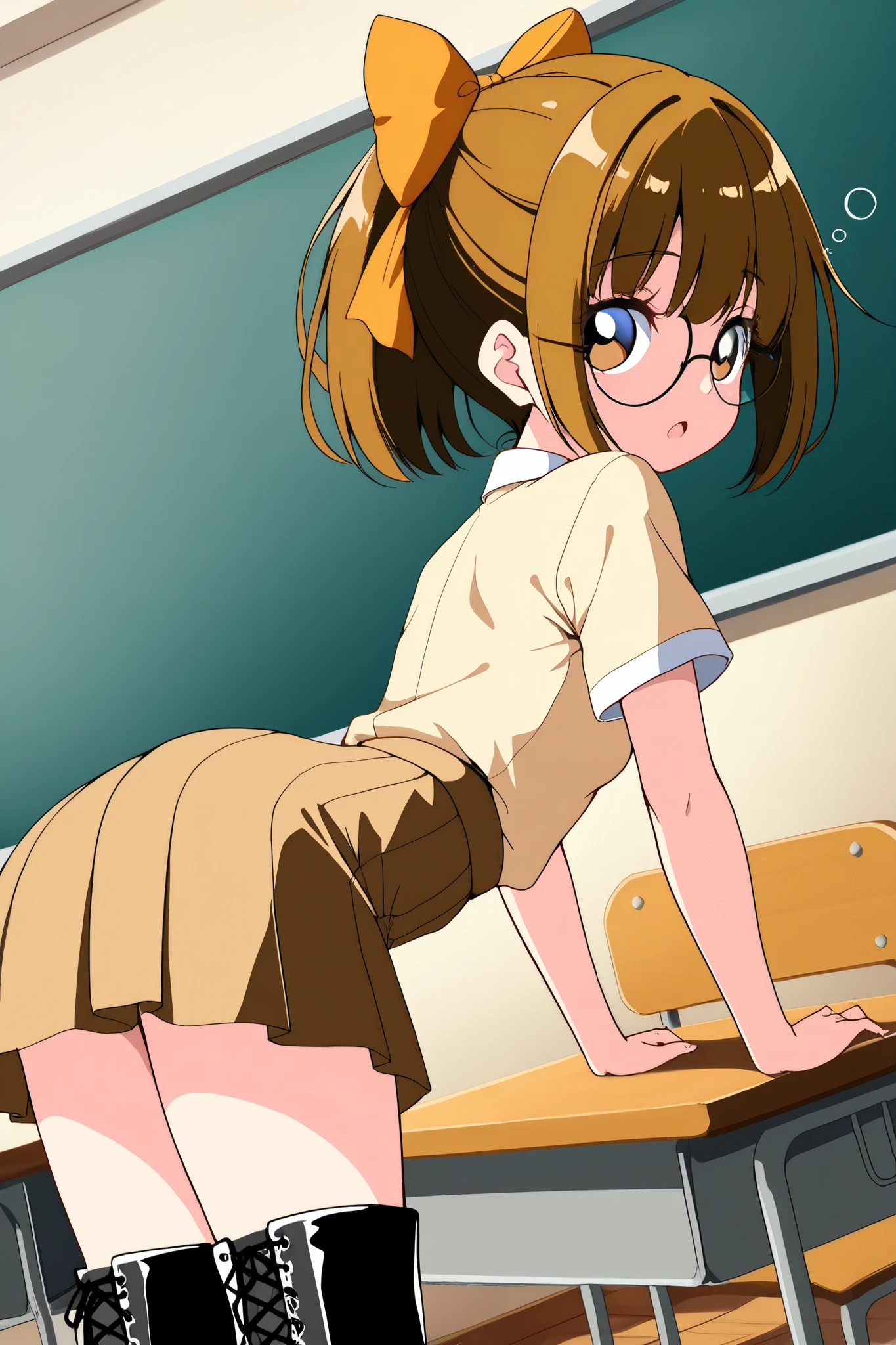 reia_kosu,1 female,solo,
brown eyes,round glasses,brown hair,hair bow,
short hair,ponytail,open mouth,
blue eyes,big eyes,slant eyes,long eyelashes,
sleepy eyes,
pretty,small breast,looking at viewer,
dutch angle,cowboy shot,

back,crawling on all fours,low angle,
from side,

short sleeves,skirt,beige shirt,
lace up boots,thigh-high boots,high heels,

beautiful legs,thin thighs,thin calves,
nallow waist,
perfect face,beautiful skin,
anatomically correct,

masterpiece,highest quality,
high resolution,high definition,
ultra-detailed,anime,
indoors,class room,school desk,school chair,
black board