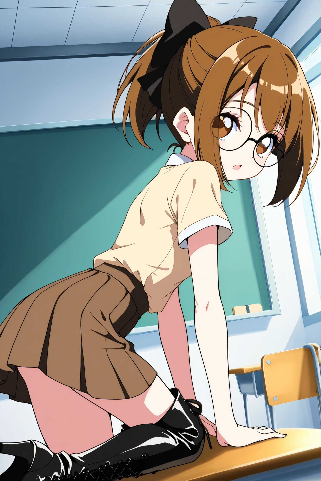 reia_kosu,1 female,solo,
brown eyes,round glasses,brown hair,hair bow,
short hair,ponytail,open mouth,
blue eyes,big eyes,slant eyes,long eyelashes,
sleepy eyes,
pretty,small breast,looking at viewer,
dutch angle,cowboy shot,

back,crawling on all fours,low angle,
from side,

short sleeves,skirt,beige shirt,
lace up boots,thigh-high boots,high heels,

beautiful legs,thin thighs,thin calves,
nallow waist,
perfect face,beautiful skin,
anatomically correct,

masterpiece,highest quality,
high resolution,high definition,
ultra-detailed,anime,
indoors,class room,school desk,school chair,
black board