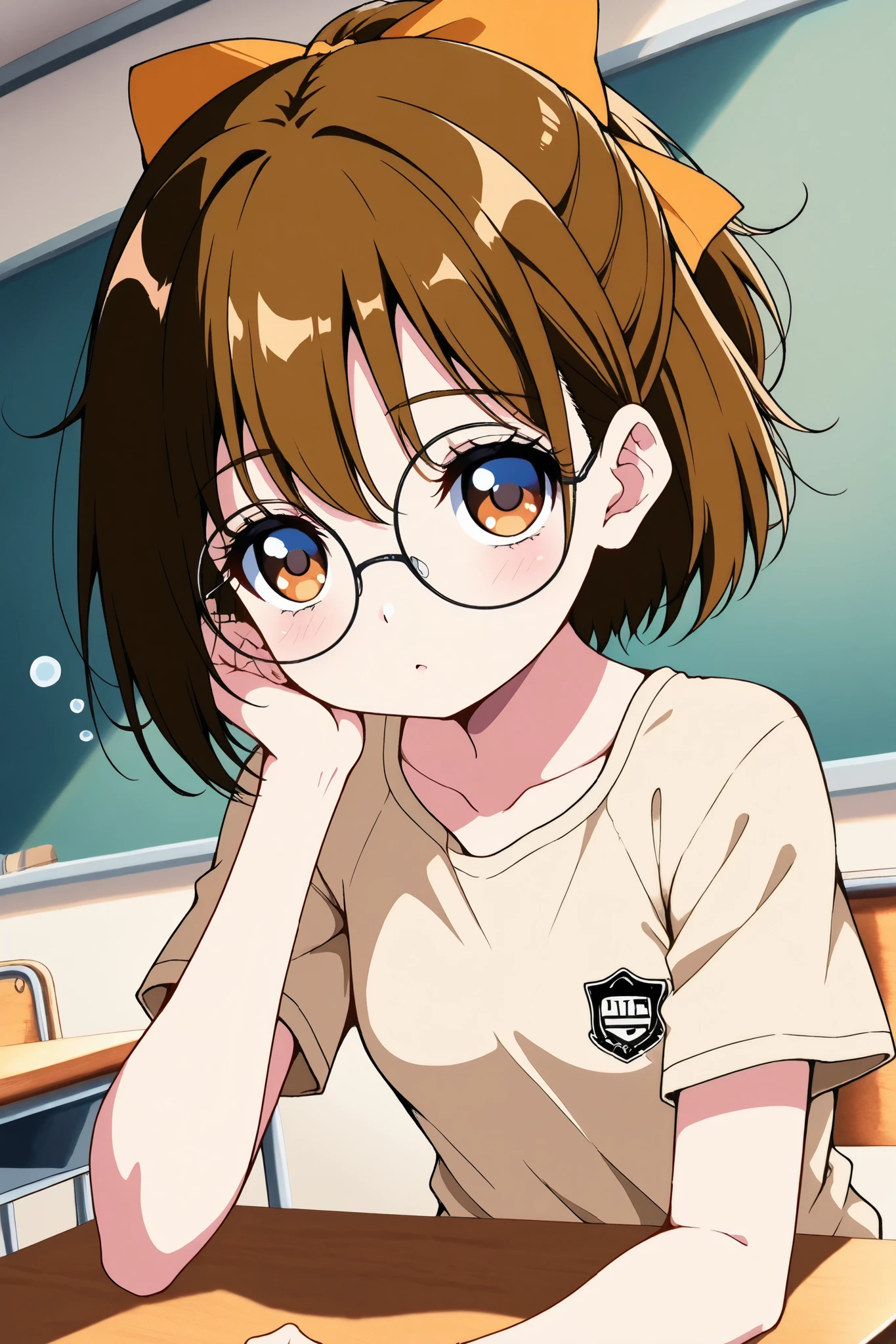 reia_kosu,1 female,solo,
brown eyes,round glasses,brown hair,hair bow,
short hair,ponytail,
blue eyes,big eyes,slant eyes,long eyelashes,
sleepy eyes,
pretty,small breast,looking at viewer,
dutch angle,

short sleeves,beige shirt,

perfect face,beautiful skin,
anatomically correct,

masterpiece,highest quality,
high resolution,high definition,
ultra-detailed,anime,
indoors,class room,school desk,school chair,black board