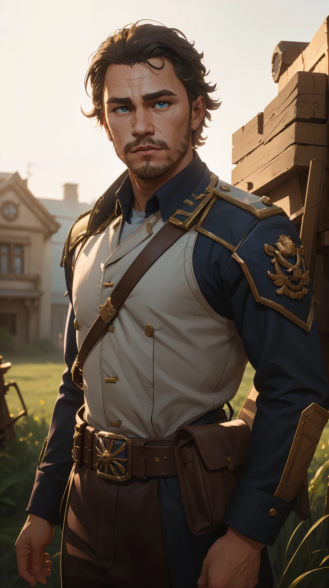 professional photo of Heath ledger with stubble beard in simple brown empire travel uniform with rank insignia on arms and leather belts, brown uniform, bullet bandolier, heathl male_focus, KTemplar, perfect eyes, upper body shot low lighting, moody, large depth of field, warhammer 40k, deep depth of field, highly detailed, (bright, good lighting, bright frontal light), three quarter shot, frontal image, standing in open grass terrain, sun, blue sky,  looking to right, (upper body portrait), si-fi communication device on belt, ((soft light illuminating face)), confident, manly