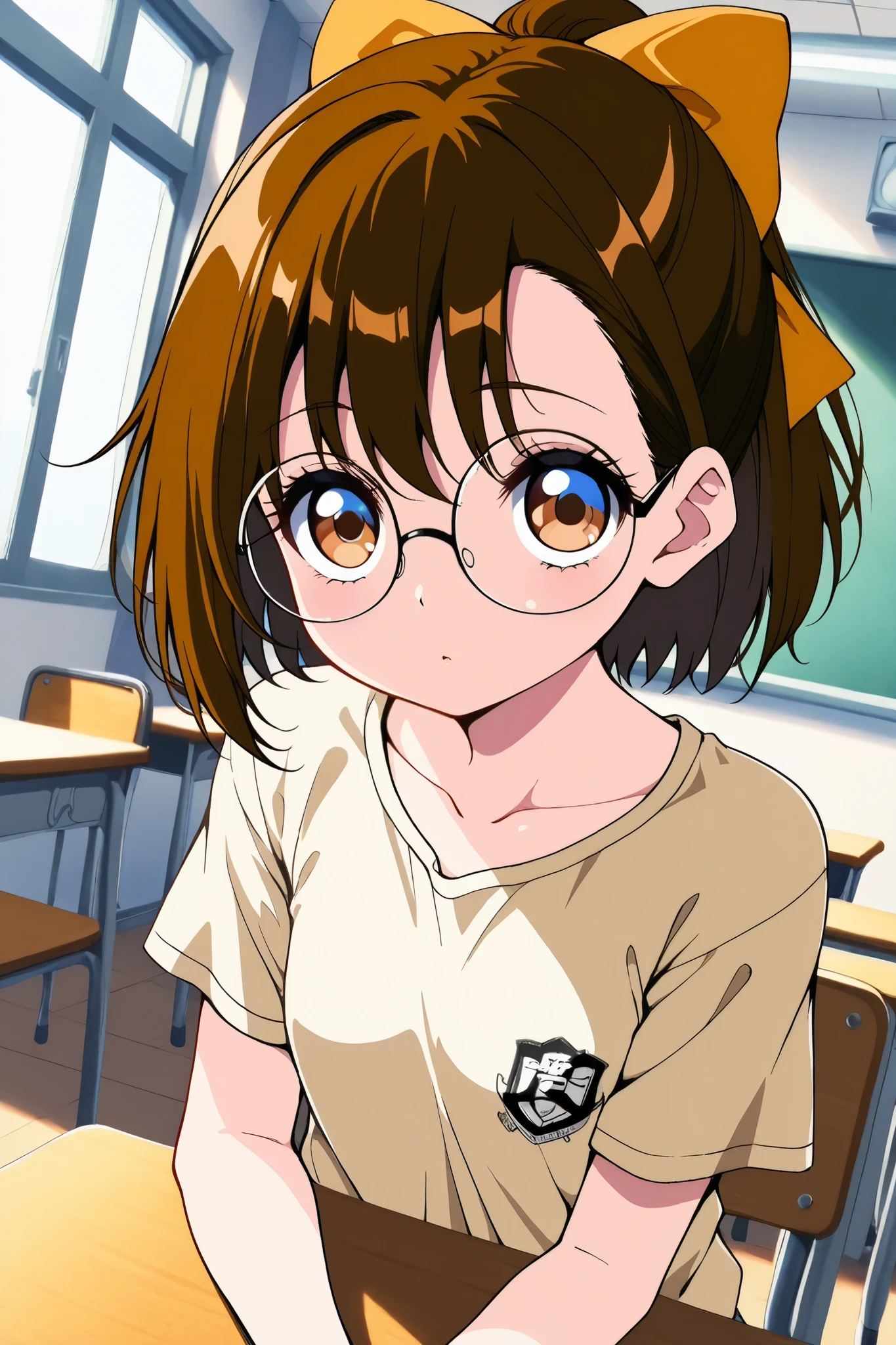 reia_kosu,1 female,solo,
brown eyes,round glasses,brown hair,hair bow,
short hair,ponytail,
blue eyes,big eyes,slant eyes,long eyelashes,
sleepy eyes,
pretty,small breast,looking at viewer,
dutch angle,

short sleeves,beige shirt,

perfect face,beautiful skin,
anatomically correct,

masterpiece,highest quality,
high resolution,high definition,
ultra-detailed,anime,
indoors,class room,school desk,school chair,black board